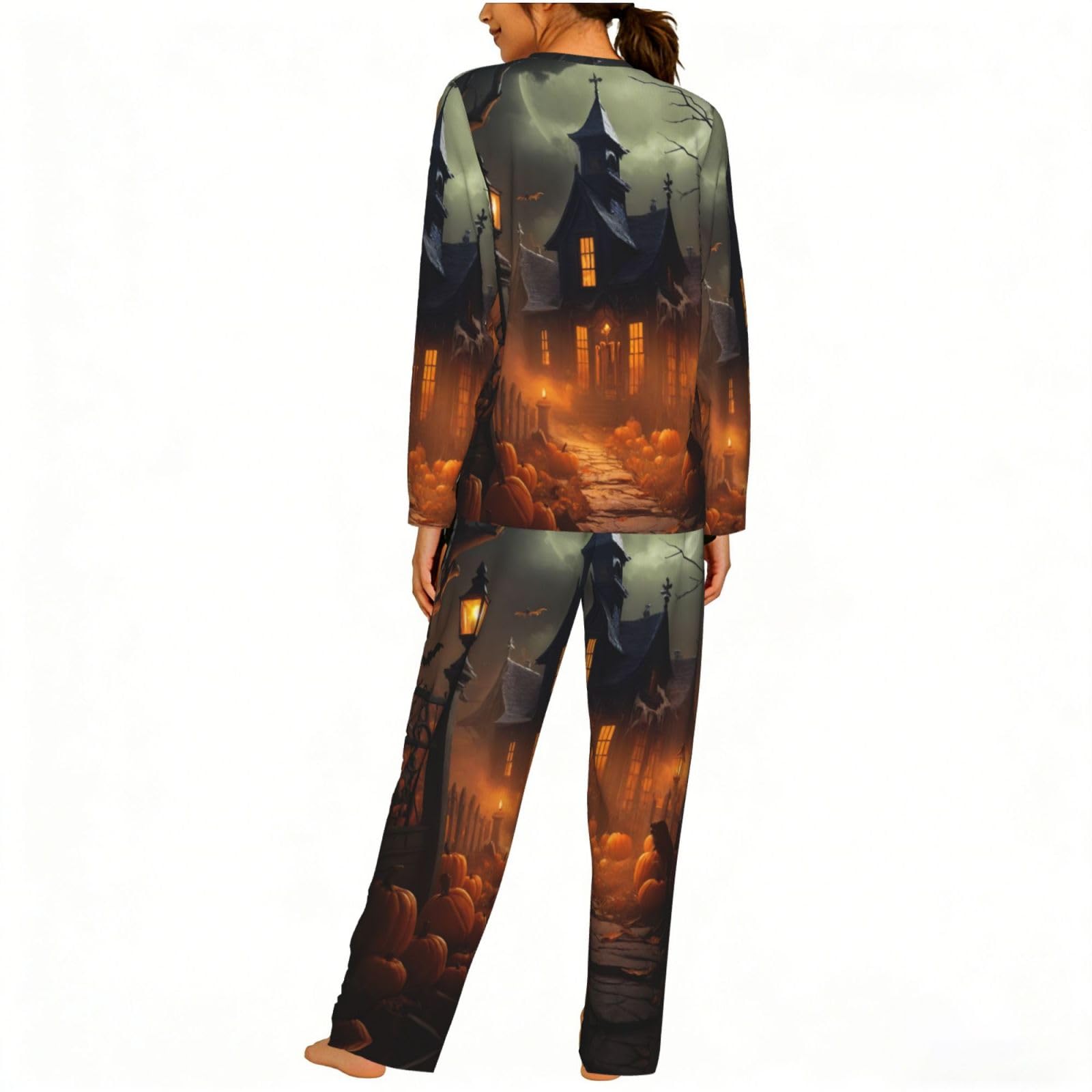 Pigiama da donna a maniche lunghe con stampa spaventosa di Halloween, morbido pigiama da spiaggia, vacanze, abbigliamento da notte, regalo casual