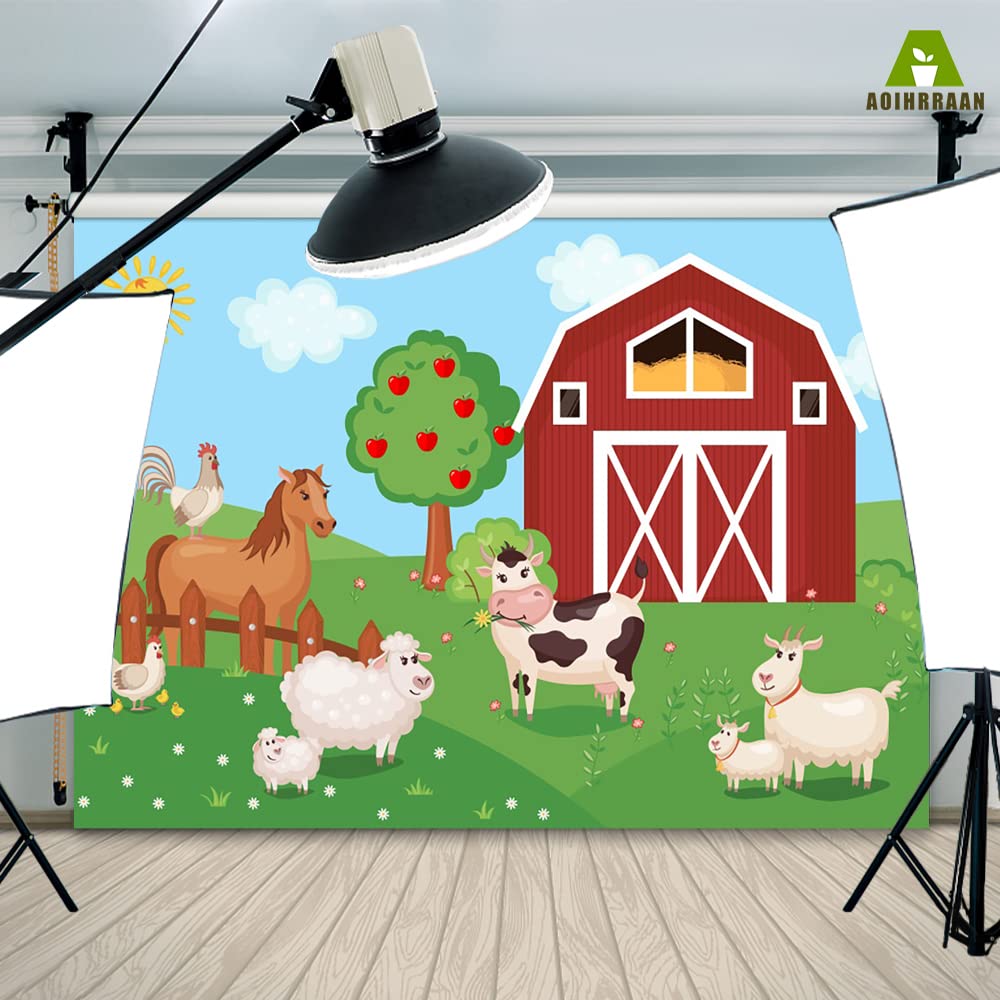 Aoihrraan 3x2m Cartone Animato Fattoria Animali Sfondo Magazzino Raccolta Autunnale Fienile Rosso Azienda Agricola Fondali Fotografia Aia Neonato Baby Doccia Piccolo Contadino Compleanno Festafoto