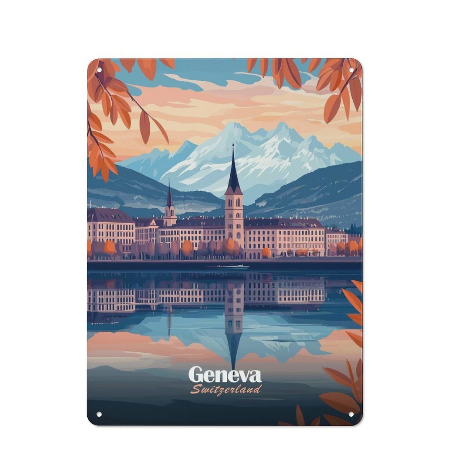 Junmoney Style-2 40X30cm Rustic Tin Sign With Geneva, Switzerland Cityscape For Home Office Or Studio, For Metal Sign Collectors, For Garage And Workshop Walls