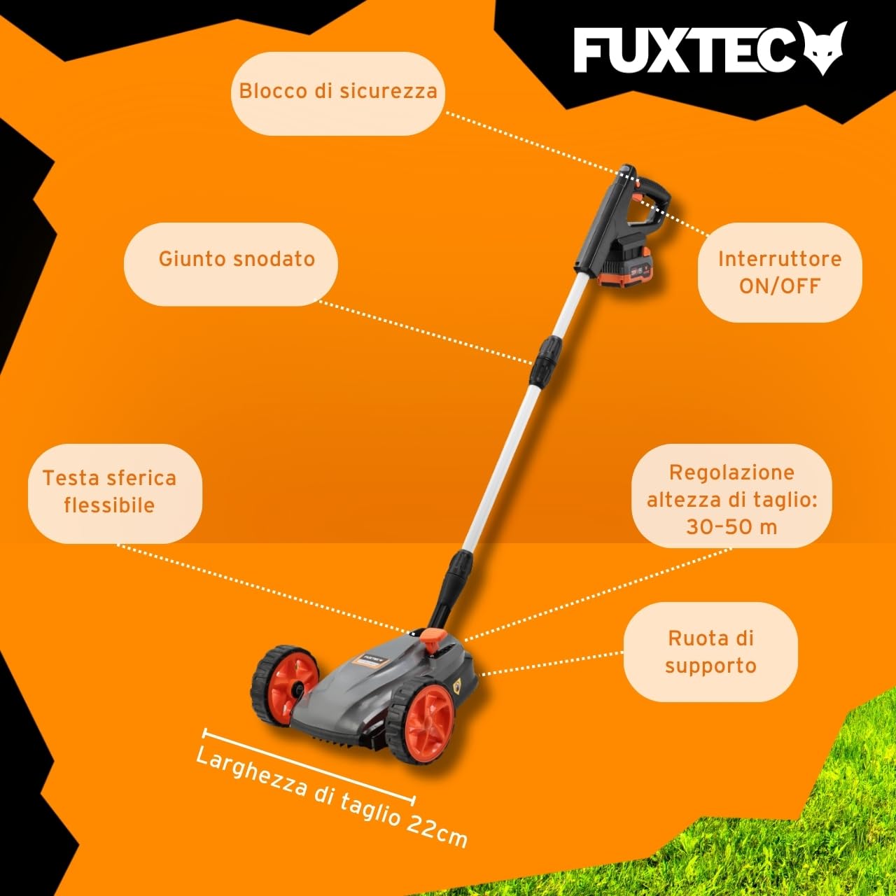 FUXTEC FX-E1RMEH20-SET Tagliaerba a Batteria 20V – Tosaerba Compatto a Una Mano Mulching con Batteria 4Ah e Caricabatterie, Larghezza 22cm, Altezza Regolabile, 300W