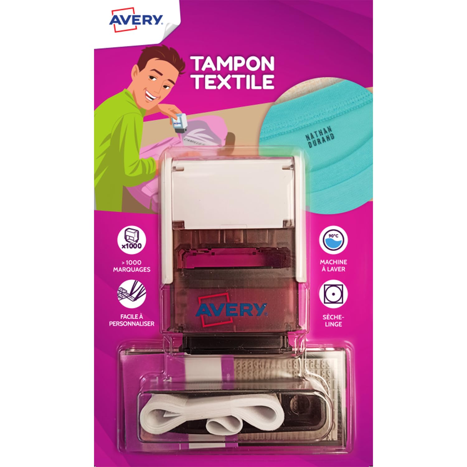 AVERY - Tampon Textile Vêtements Personnalisable - 288 Caractères - Durable au Lavage