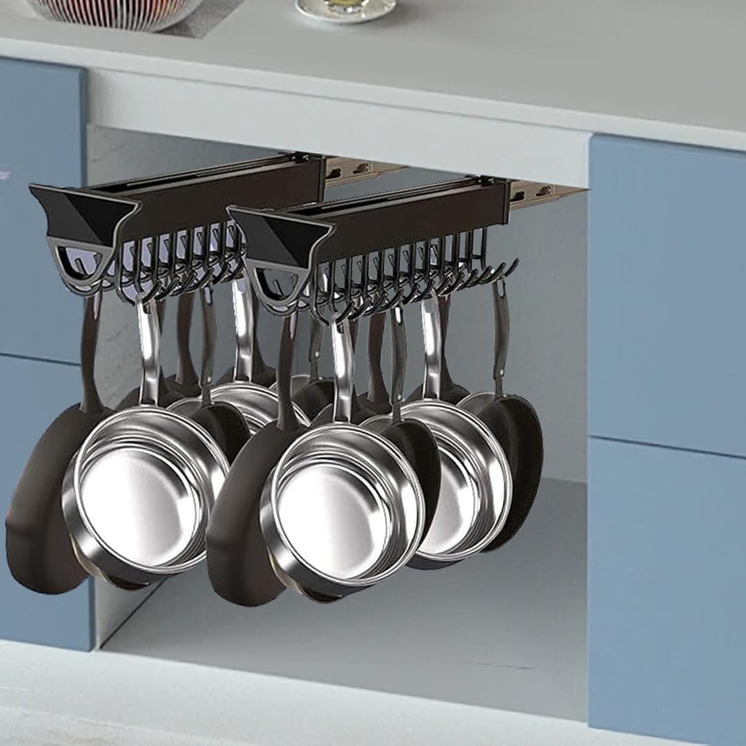 Pull Out Cabinet Organizer with Hooks for Hanging Kitchen Shelf - Pot Rack, Mug Holder, Clothes Rack, Mop Broom Holder