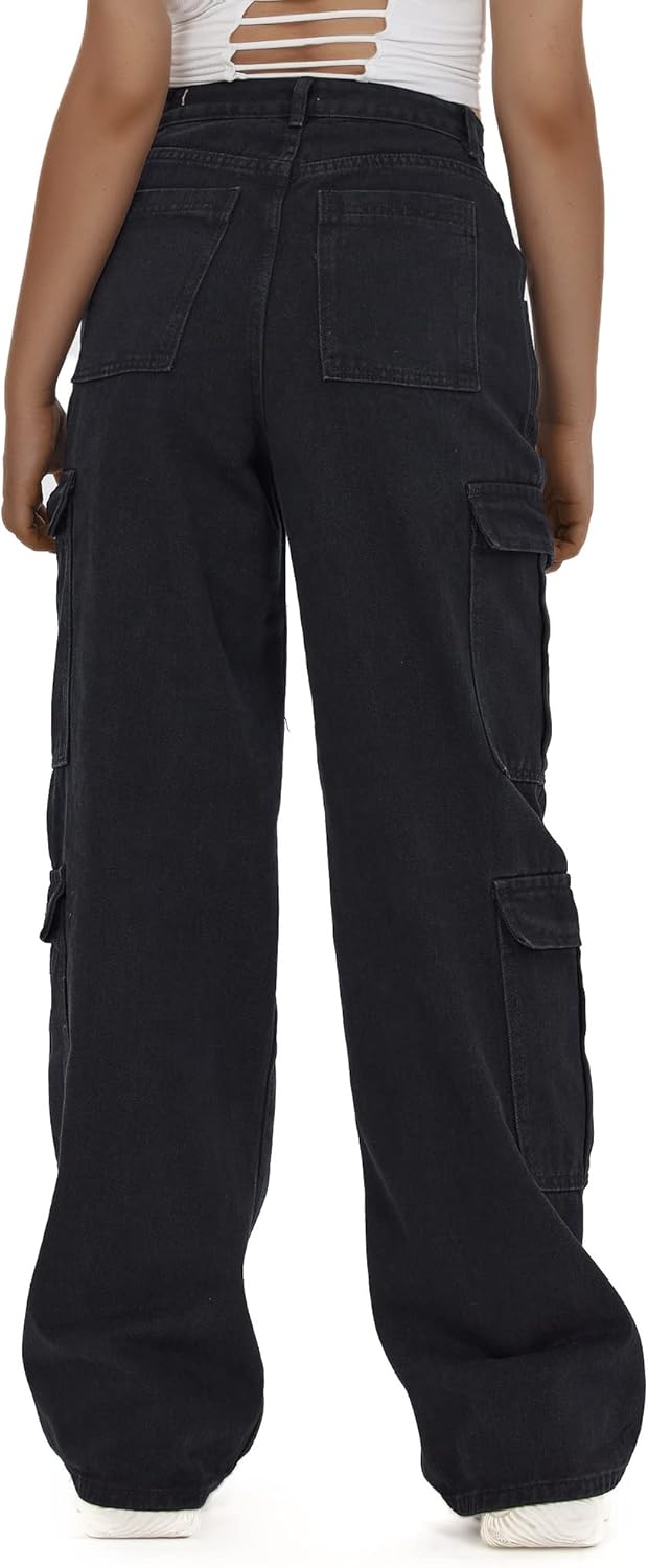 Women's High Waist Baggy Cargo Jeans Flap Pocket Y2K Streetwear Wide Leg Denim Pants - Image 6