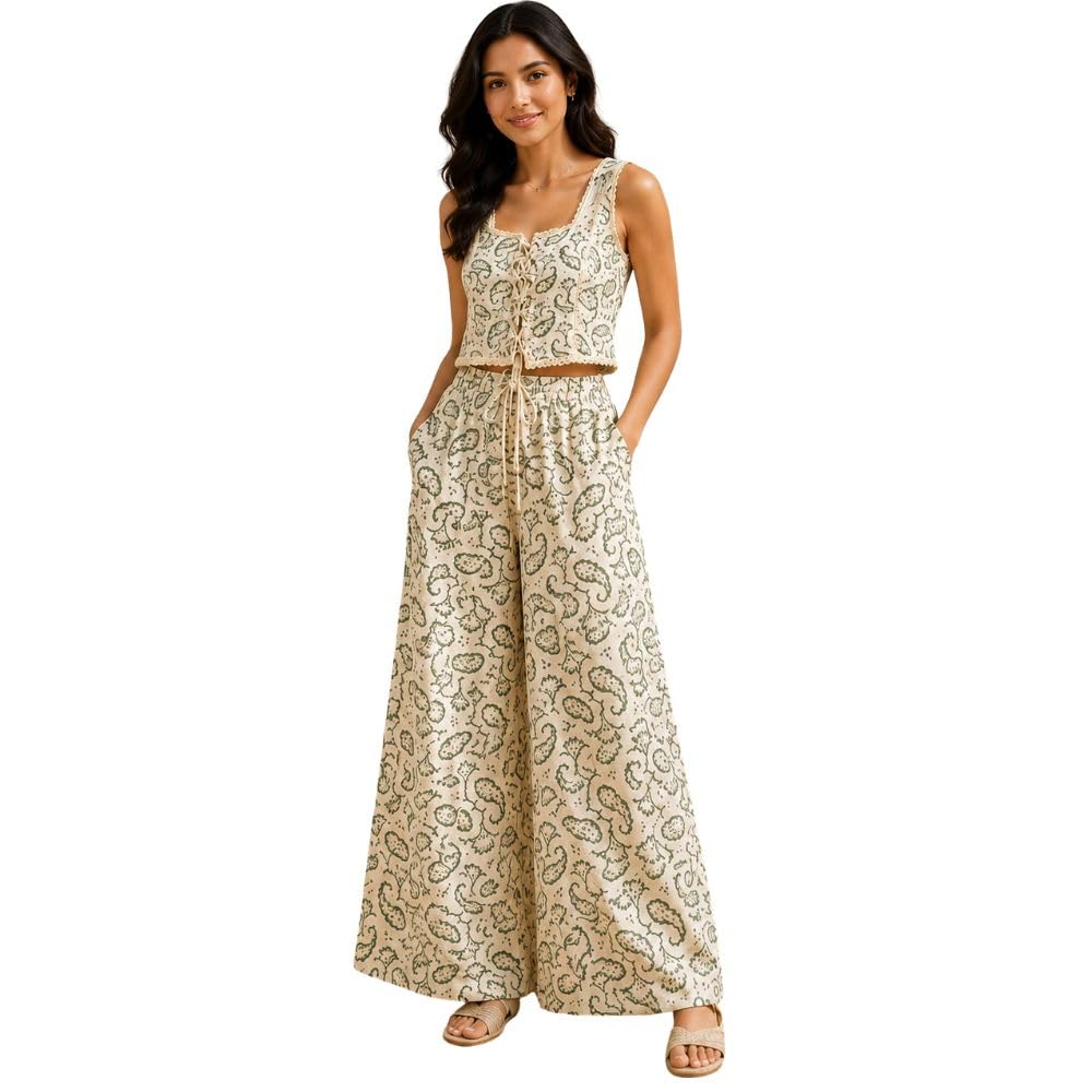 Women's Paisley Print Crop Top and Wide Leg Pants Set | CORDSET TOP AND BOTTOM | Women's Co-Ord Set | Casual Two Piece Outfit-picture-37
