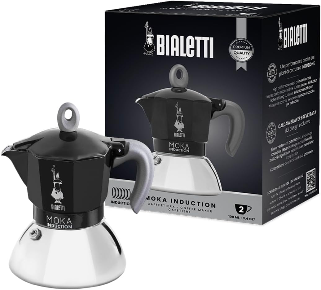 Moka Induction, Moka Pot, Suitable for all Types of Hobs, 2 Cups Espresso (2.8 Oz), 90 milliliters,Black