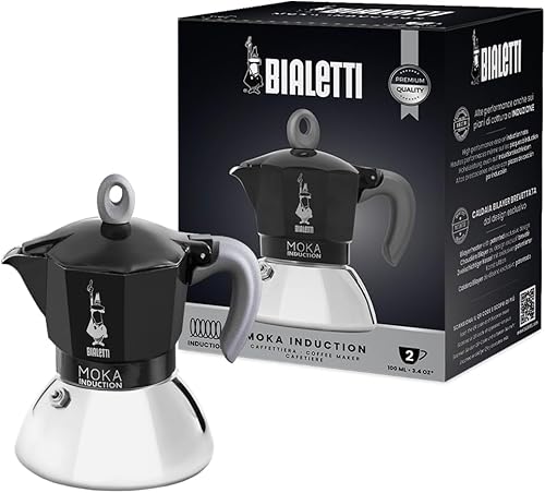 Bialetti – Moka Induction, cafetera Moka, apta para todo tipo de parrillas, 2 tazas de espresso (80 ml), 90 mililitros, negro