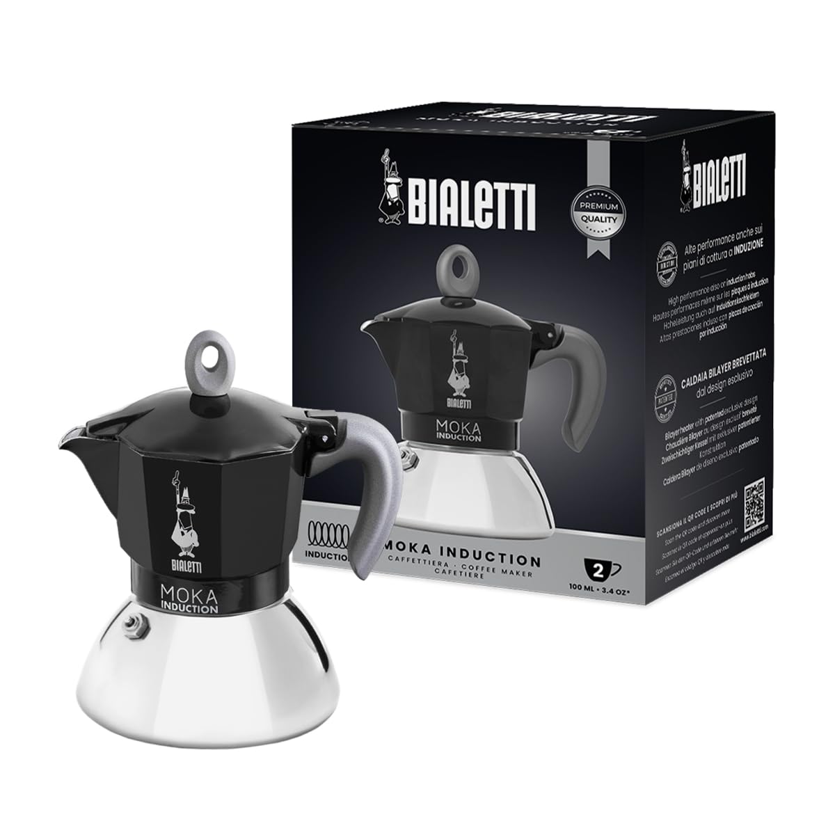 BialettiMoka Induction, Moka Pot, Suitable for all Types of Hobs, 2 Cups Espresso (2.8 Oz), 90 milliliters,Black