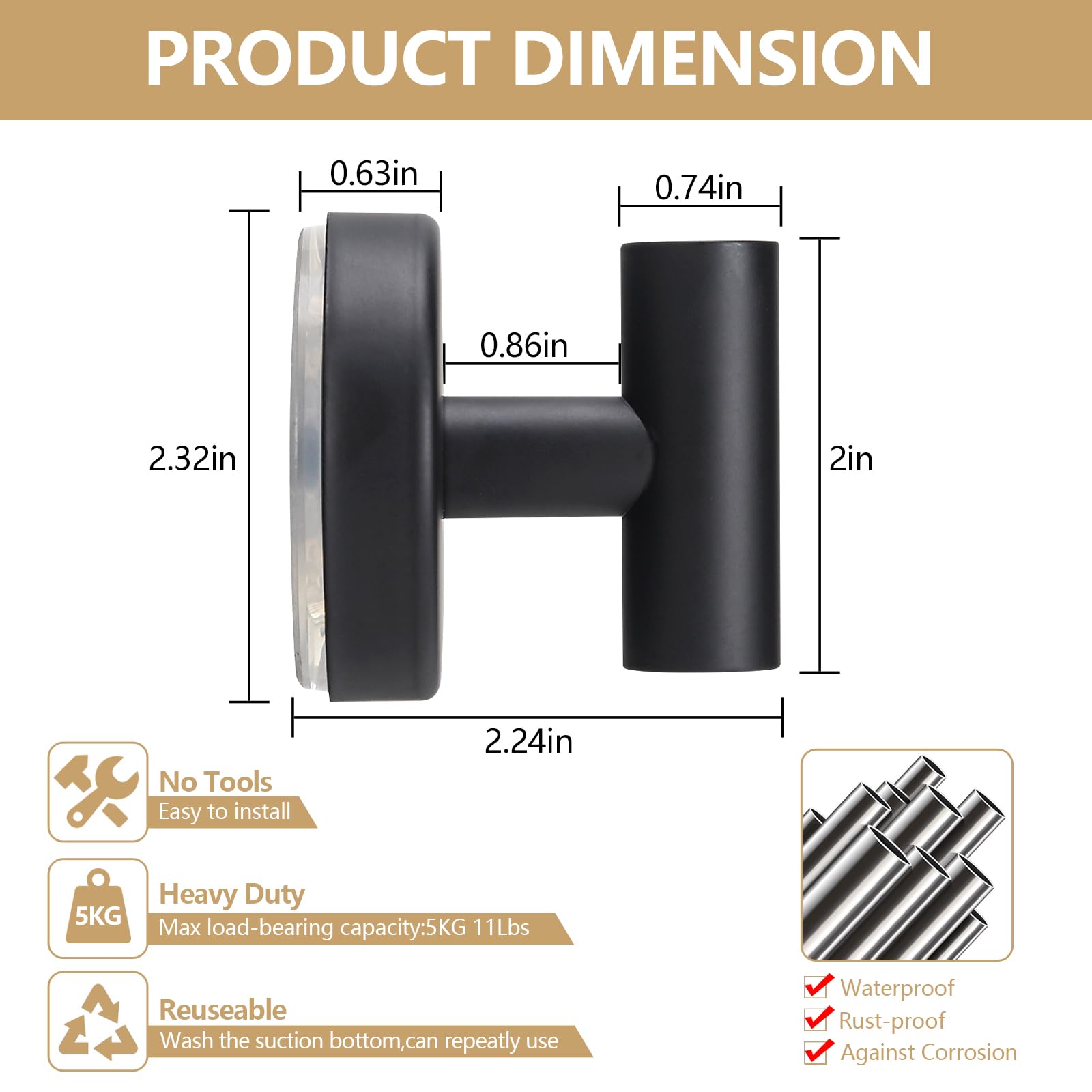 Gancho de toalla negro con ventosa para baño, gancho de pared extraíble para baño, dormitorio, cocina, hotel, piscina, negro mate (paquete de 4)