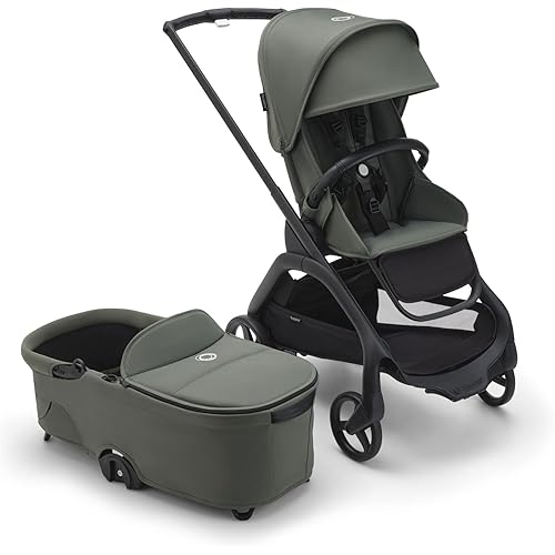 Bugaboo Dragonfly City Stroller with Full-Size Baby Bassinet and Toddler Seat, One Hand Easy Fold in Any Position, Full Suspension, Large Basket, Black Chassis and Forest Green Sun Canopy