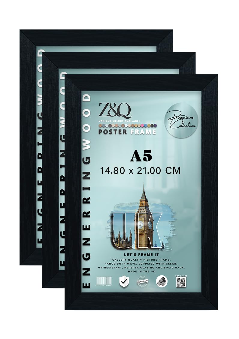 Z&Q Pack of 3 Flat Versatile MDF Wood Finish A5 (14.80 x 21.00 CM) Poster Frame | for Art Gallery 8 x 5.5 Inch Wall Décor & Room Display [ Black ]