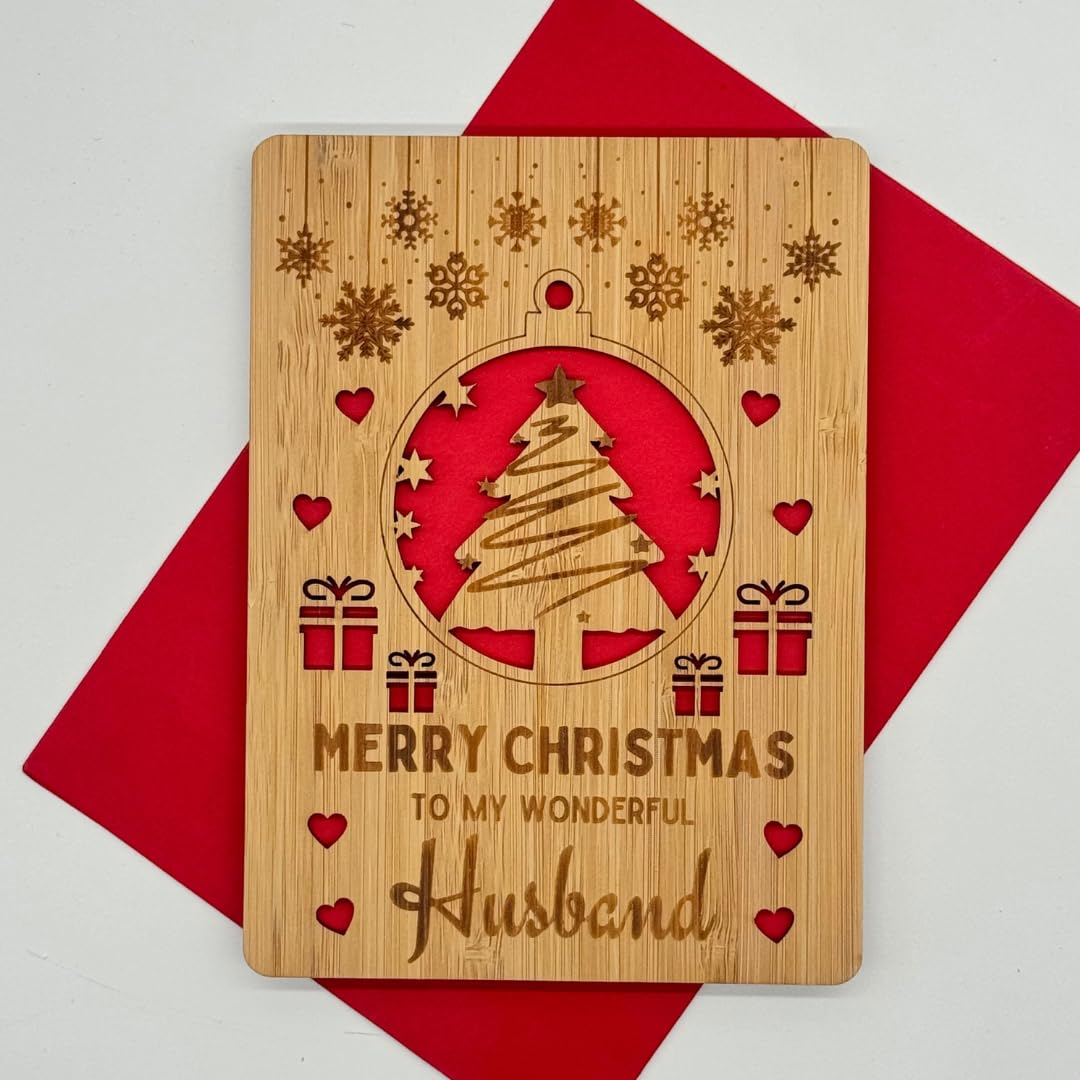Second Ave Bamboo Wooden Husband Laser Engraved Keepsake Christmas Xmas Holiday Festive Greetings Card, red, 15.2 x 11.1 cm