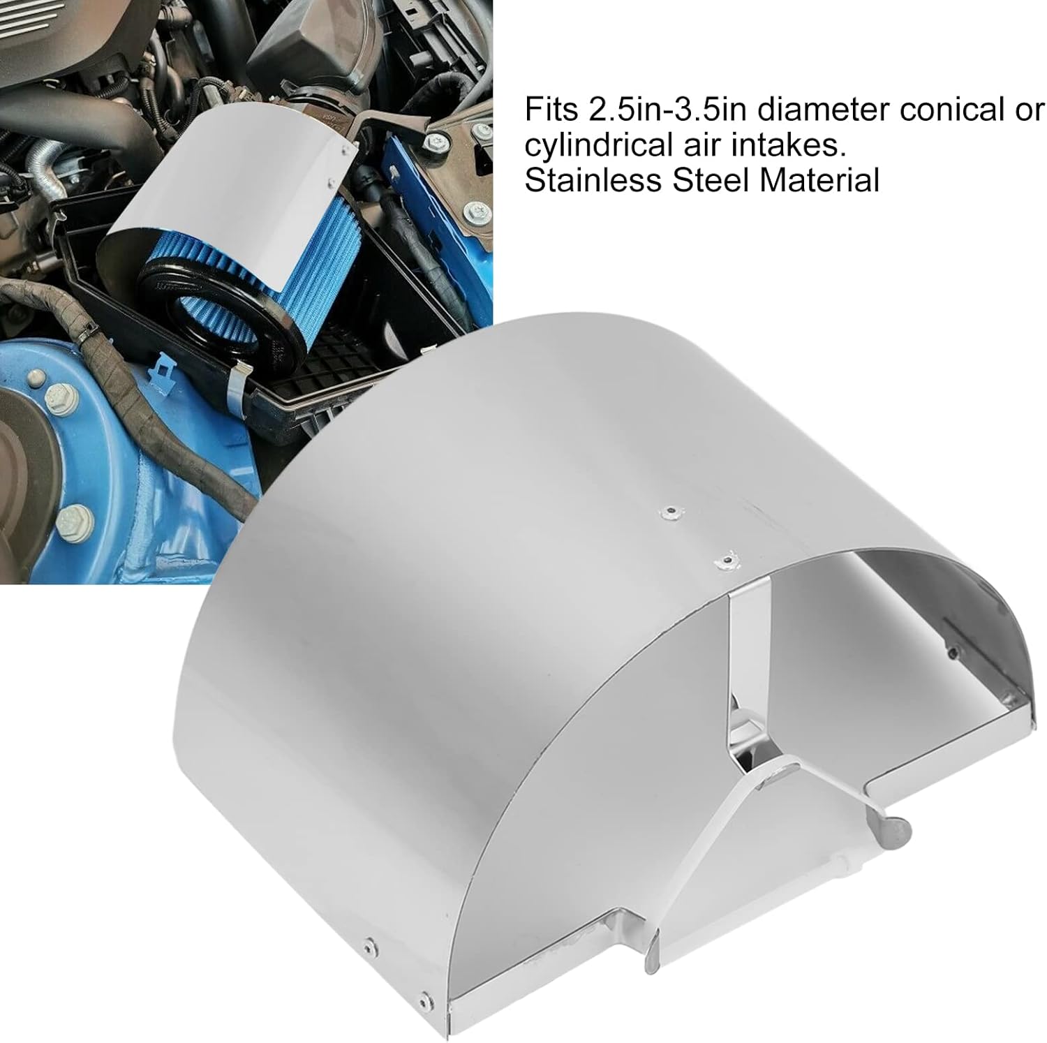 8.27x5.51x4.13in Air Intake Filter Cover Stainless Steel Heat Sheild Cover with Fixed Bracket Cone Air Filter Heat Shield Wrap for 2.5-3.5in Diameter Conical or Cylindrical Air Intakes(Silver)