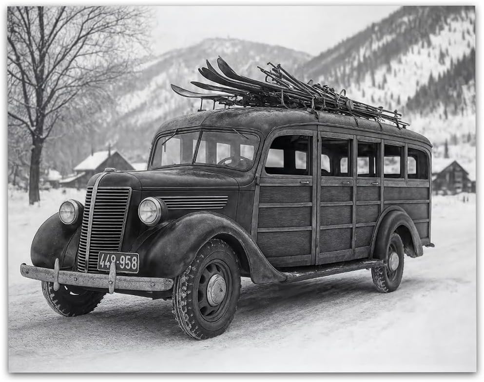 Vintage Ski Bus Wall Art Black White Winter Photography 11x14 Unframed Poster Rustic Cabin Lodge Decor Retro Mountain Travel Vehicle Snow Landscape Home Office Decor Gift