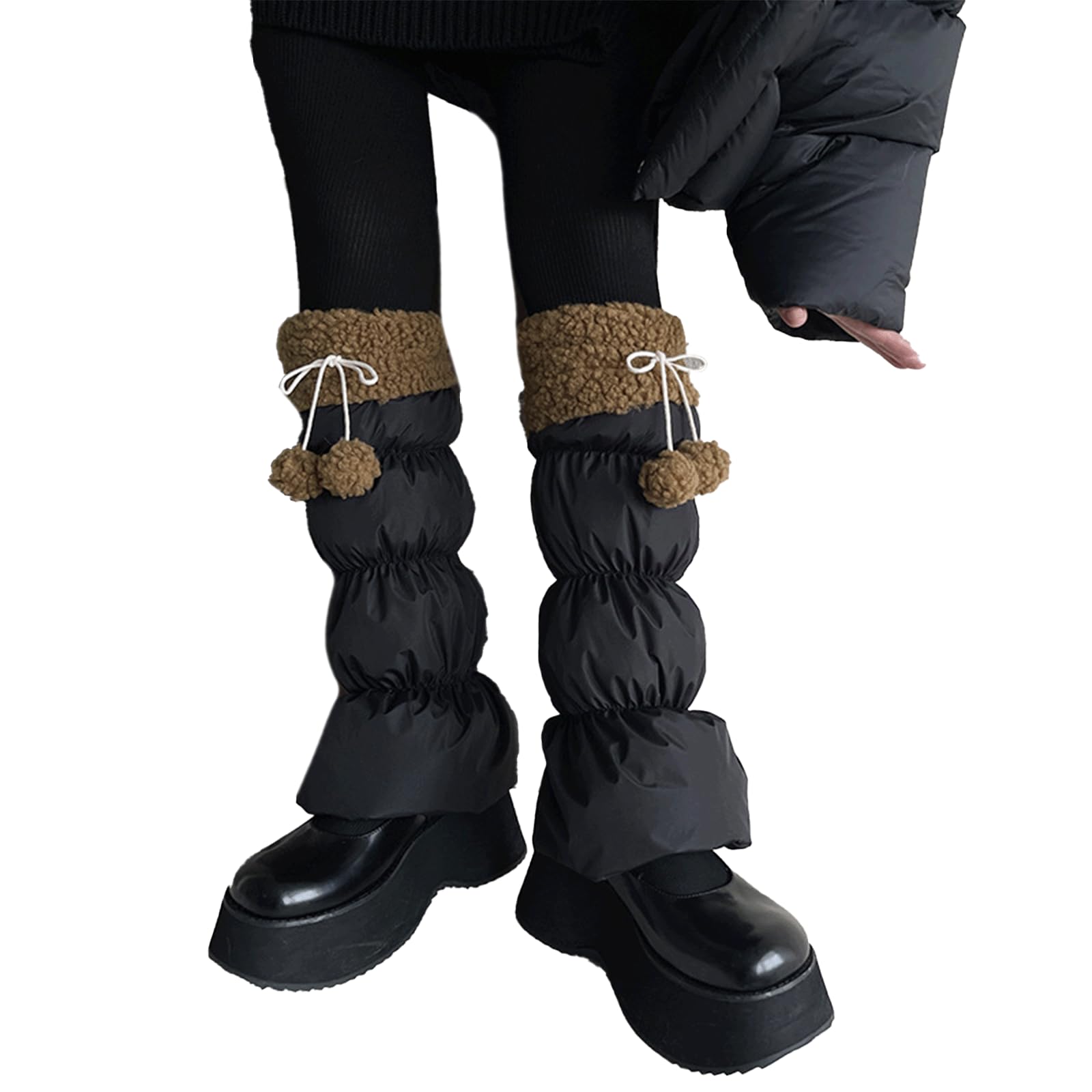 Quilted Leg Warmers Fleece Lined Puffy Padded Over Knee Boot Covers Pom Poms Bubble Puffer Thick Long Gaiters