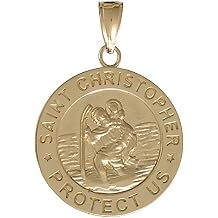 14k Yellow Gold Religious Charm Pendant, Saint Christopher Coin, High Polish & Satin With Flat Frame