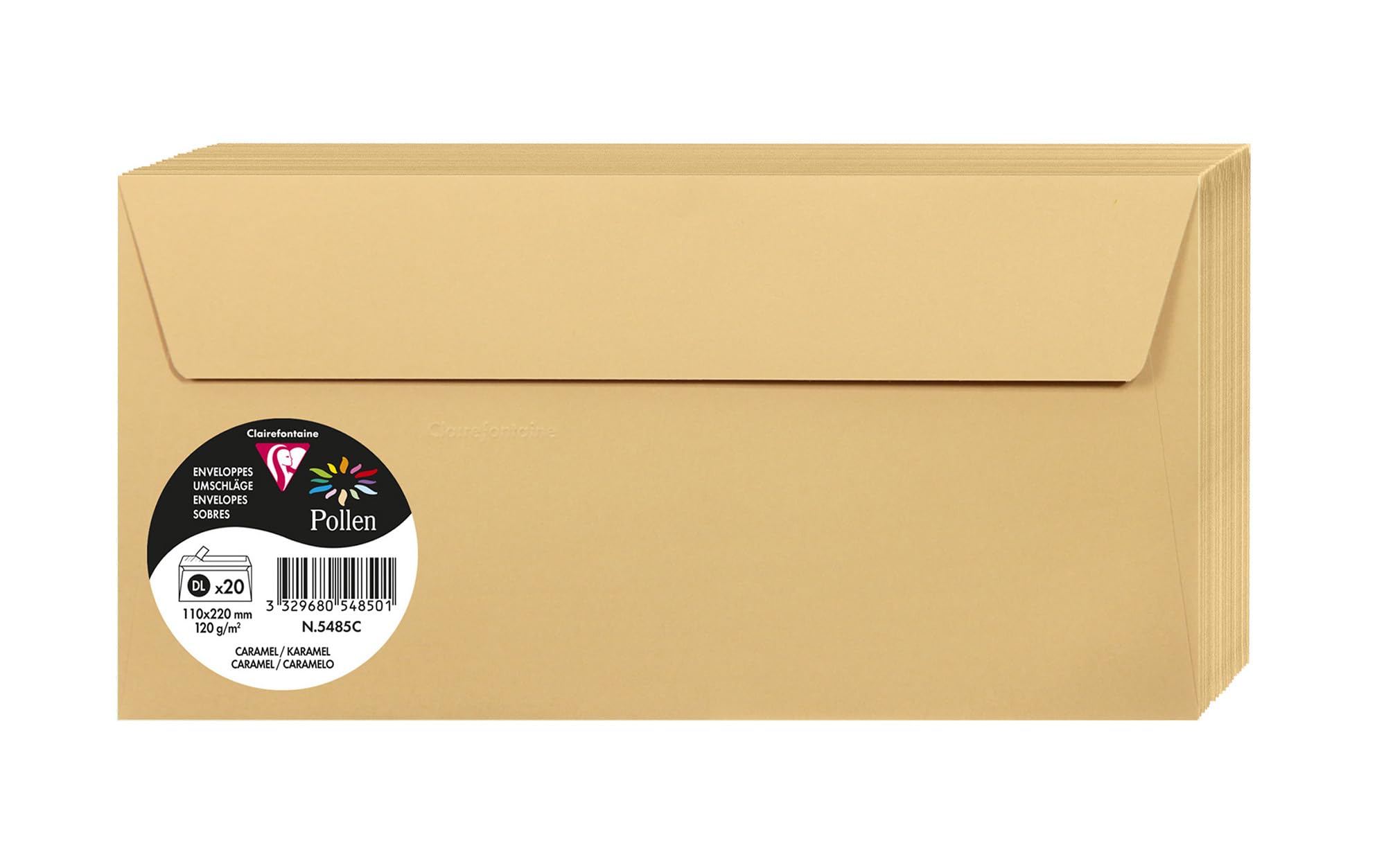 Clairefontaine 5485C Pack of 20 Self-Adhesive Envelopes Format DL 11x22cm 120gsm Colour Caramel Invitation Events Correspondence Pollen Range Premium Paper