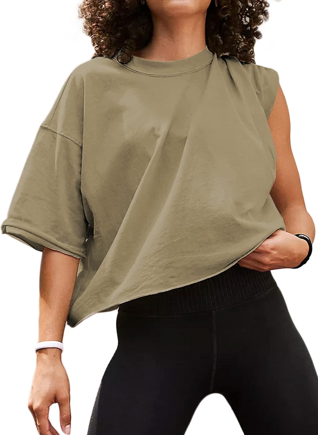 Women's Oversize Workout Crop Tops Short Sleeve Crewneck Drop Shoulder Boxy T Shirts Summer Casual Solid Basic Tees Small Olive