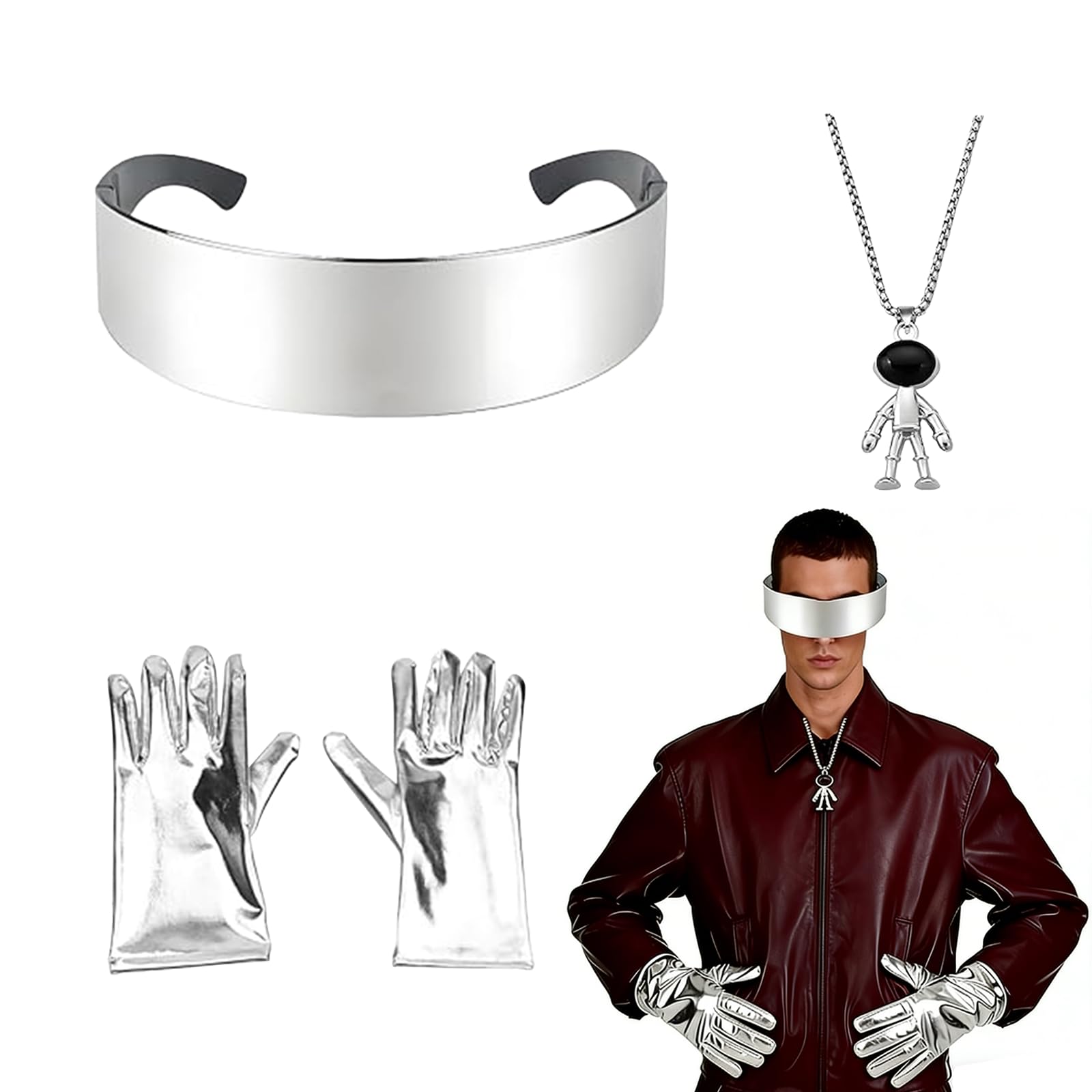 Juego de 3 Piezas Disfraz de Astronauta, Disfraz para hombre Astronauta con Gafas Futuristas, Guantes Alienígenas Plateados, Astronauta Colgante De Acero Inoxidable, para Cosplay Carnaval