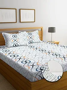 NEW LEAF Style Cotton Feel Glace Cotton Elastic Fitted Printed King Size Double Bed Bedsheet with 2 Pillow Cover (78