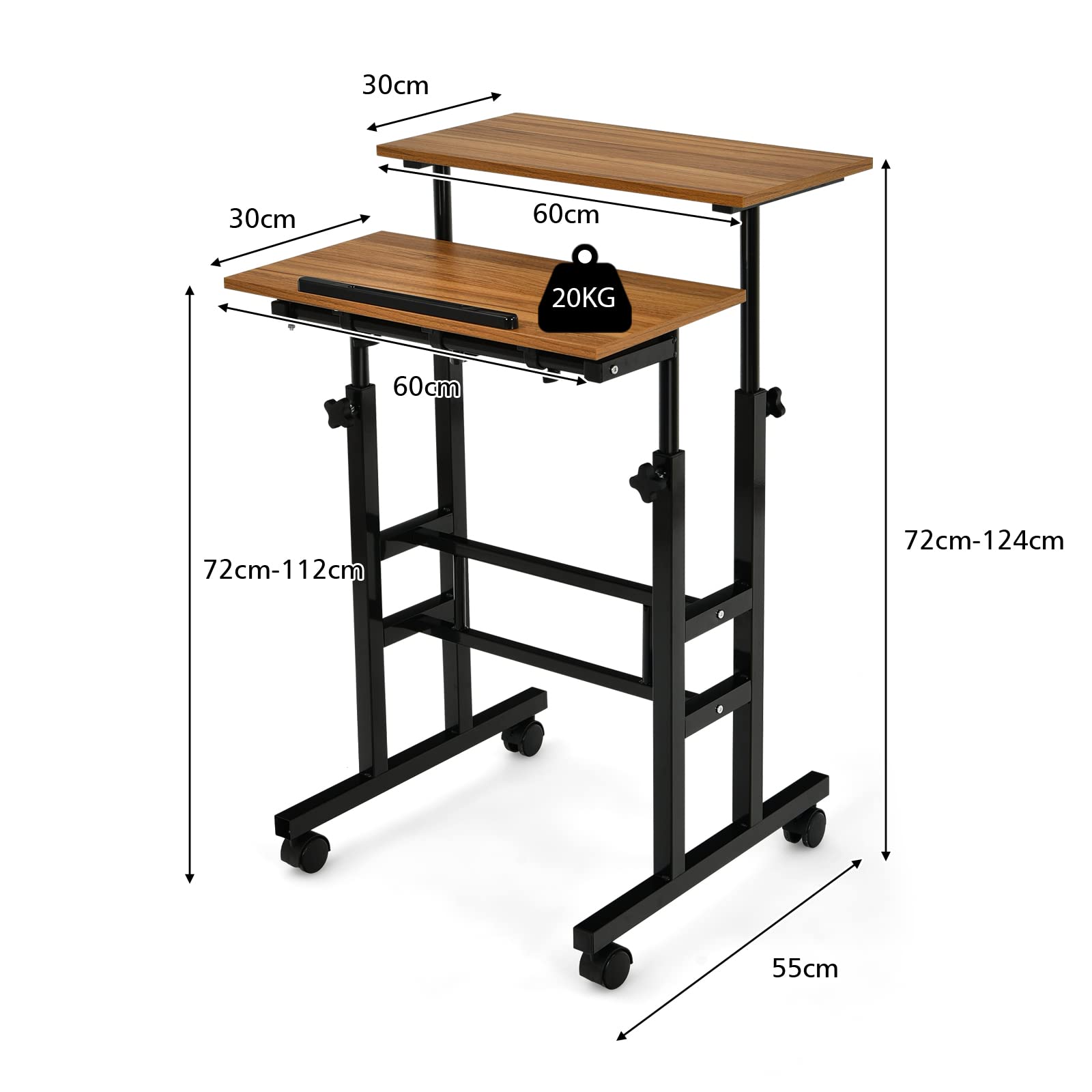 GOPLUS Bureau d'Ordinateur Assis-Debout Réglable en Hauteur 2 en 1, Poste de Travail à roulettes Verrouillables Portable Réglable 60x60x72-123cm (Noyer)