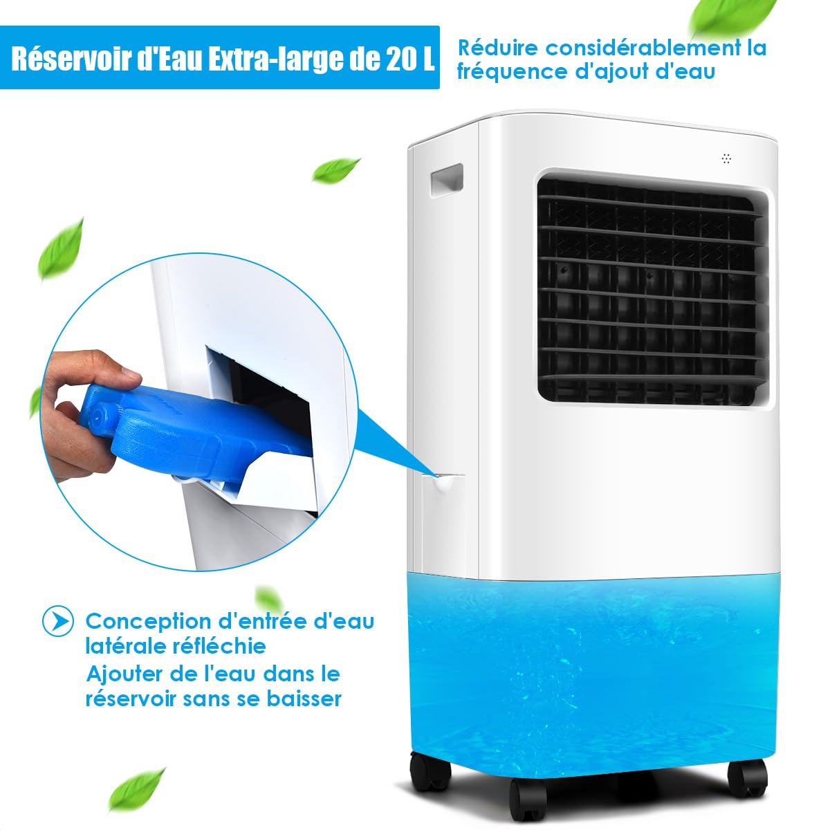 GOPLUS Rafraichisseur d’Air 4 en 1 avec Télécommande, Ventilateur Portable Mobile Sans Évacuation, Réservoir d’Eau 20L, 4 Vitesse, Refroidissement, Purification, Minuterie 7,5H, Silencieux, Chambre