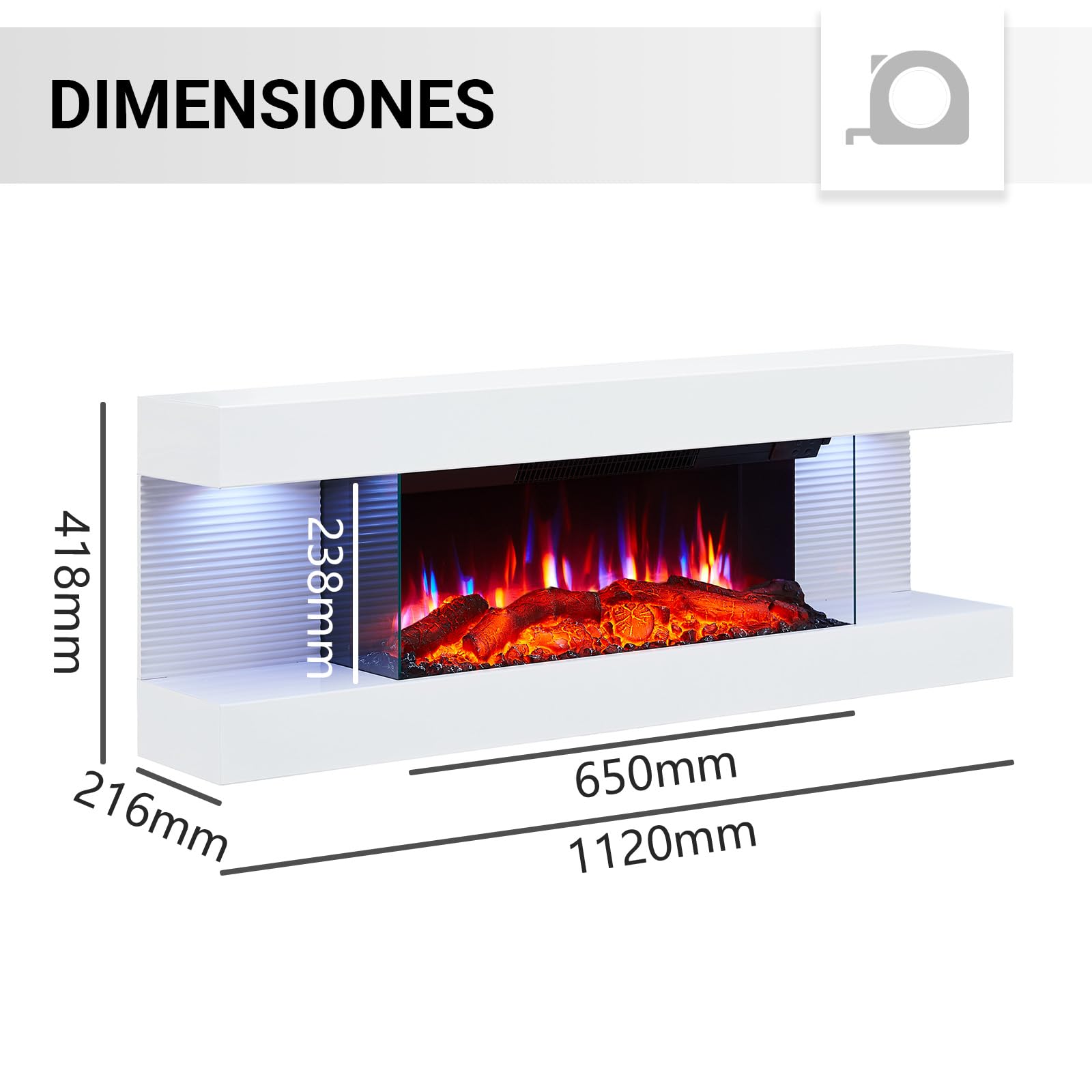 BALDERIA Lumina Chimenea Eléctrica de Pared Blanca con Llama LED 3D y Calefactor