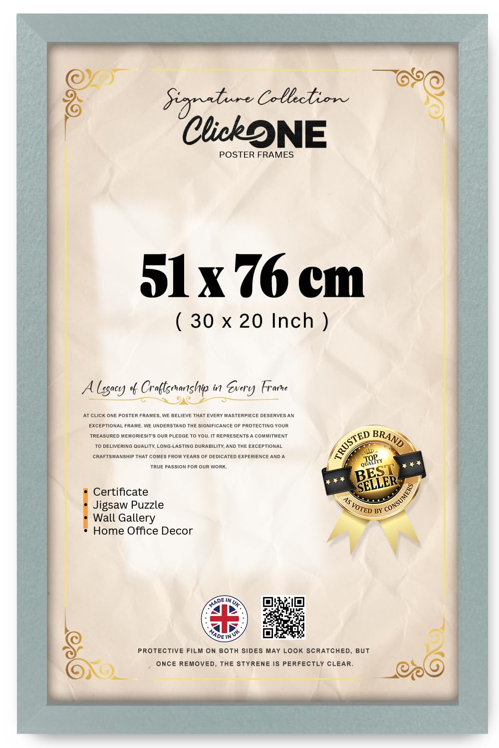 Click One — Modern Flat Shape Poster Frame (51 X 76 CM) | MDF Engineered Wood | Perspex Sheet | Jigsaw Puzzle Living Room Display (30 X 20 Inch Silver) | Contemporary Wall Hanging, Photo Collage