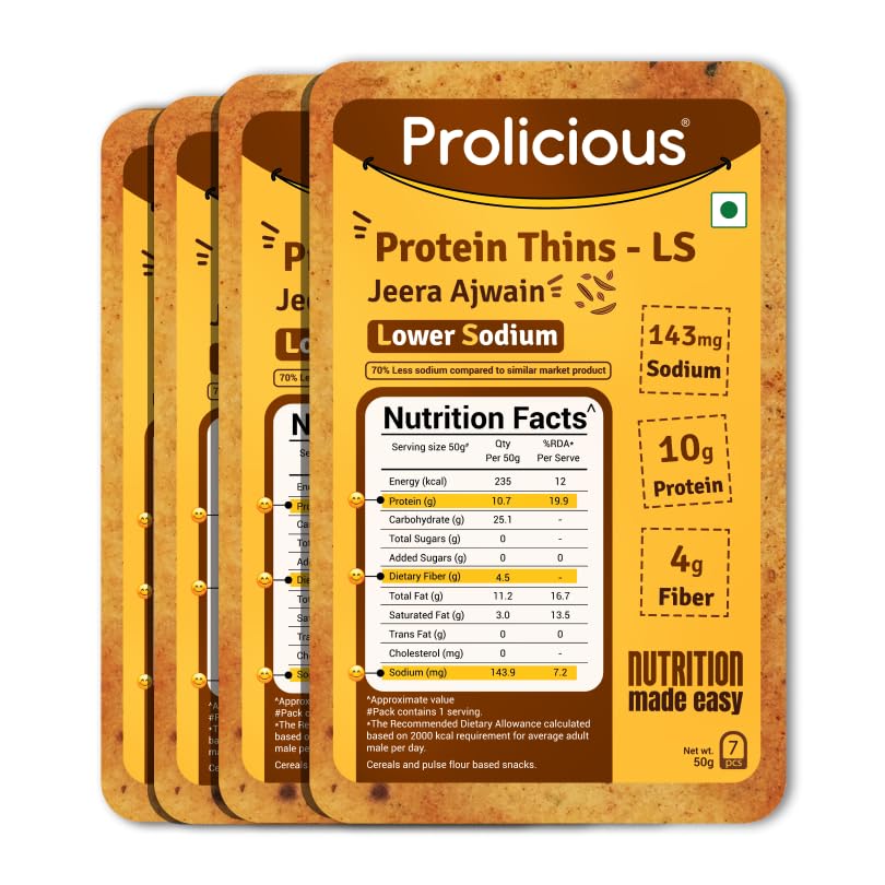 Image of Prolicious High Protein High Fiber Jeera Ajwain Thins| No Plam Oil |Low Salt | Ideal for weightloss & PCOS | Healthy Snack | 50g each, Pack of 4