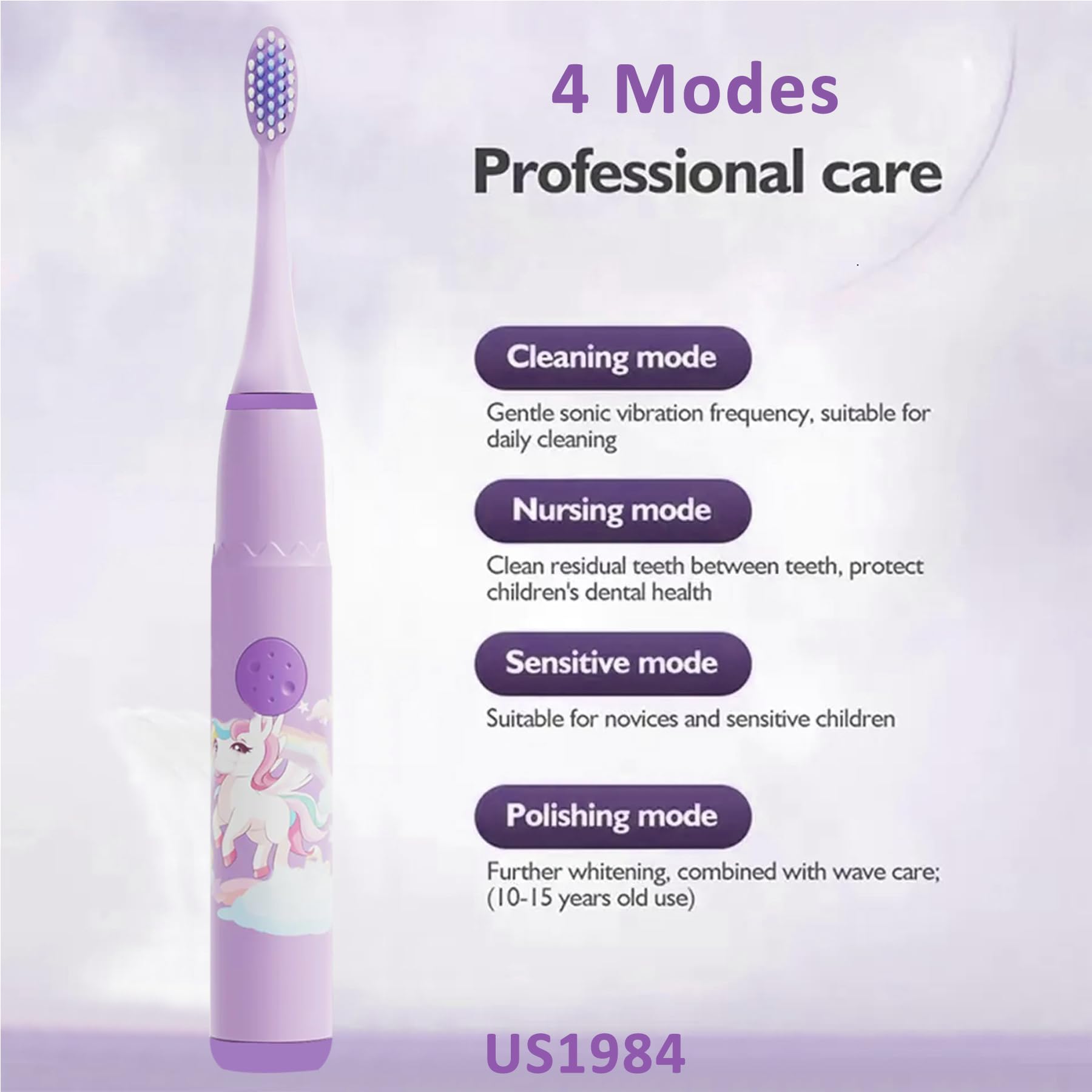 US1984 Sonic Electric Toothbrush for Kids with 4 Modes, 3 Brush Heads & Rechargeable Battery, Ultra Soft Nylon Bristles, IPX7 Waterproof, Electric Power Tooth brush (Purple) - Image 2 thumbnail