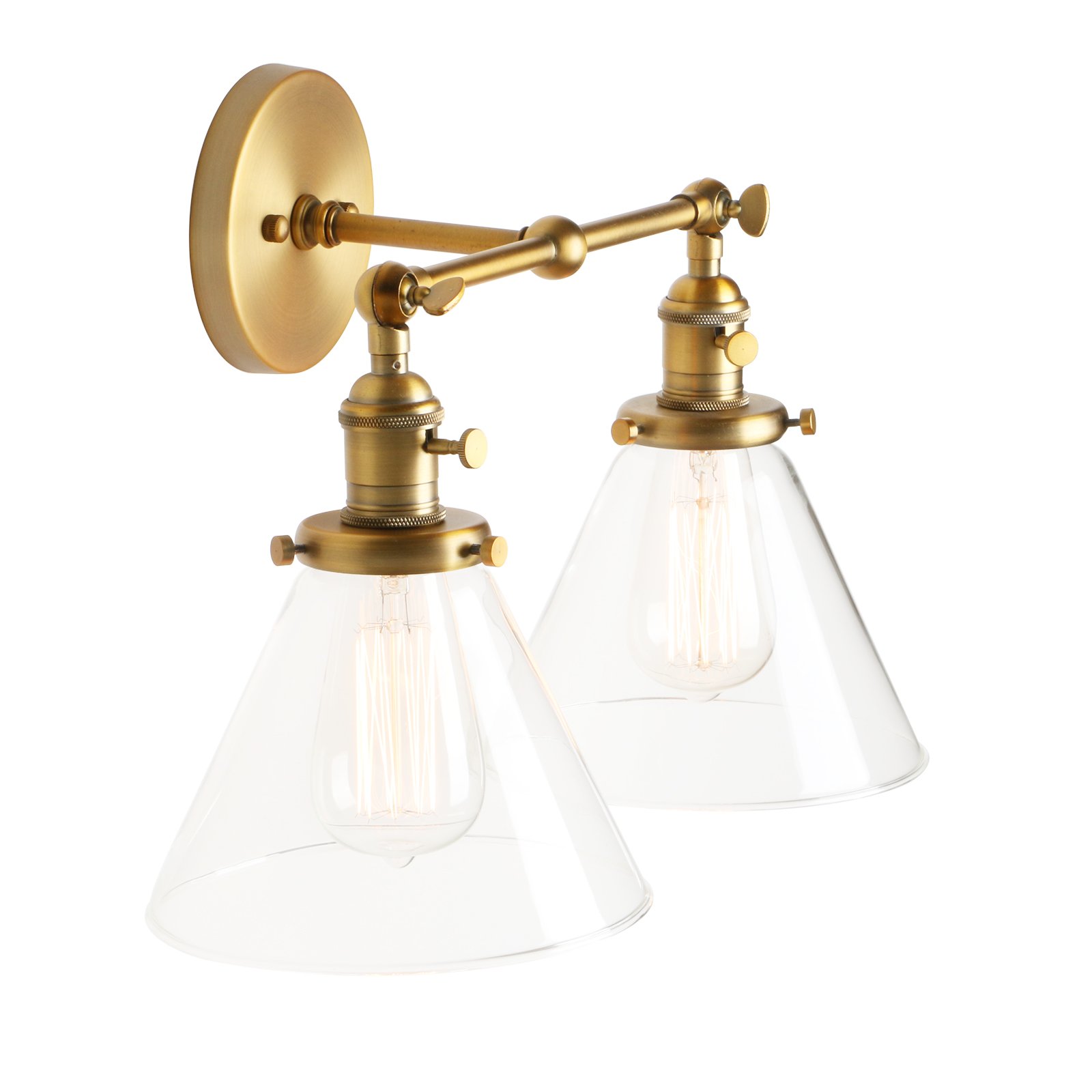 PathsOn Stylish Vintage Industrial Edison Double Heads Cone Clear Glass Shade Loft Coffee Bar Wall Sconce Retro Lamp Fixtures