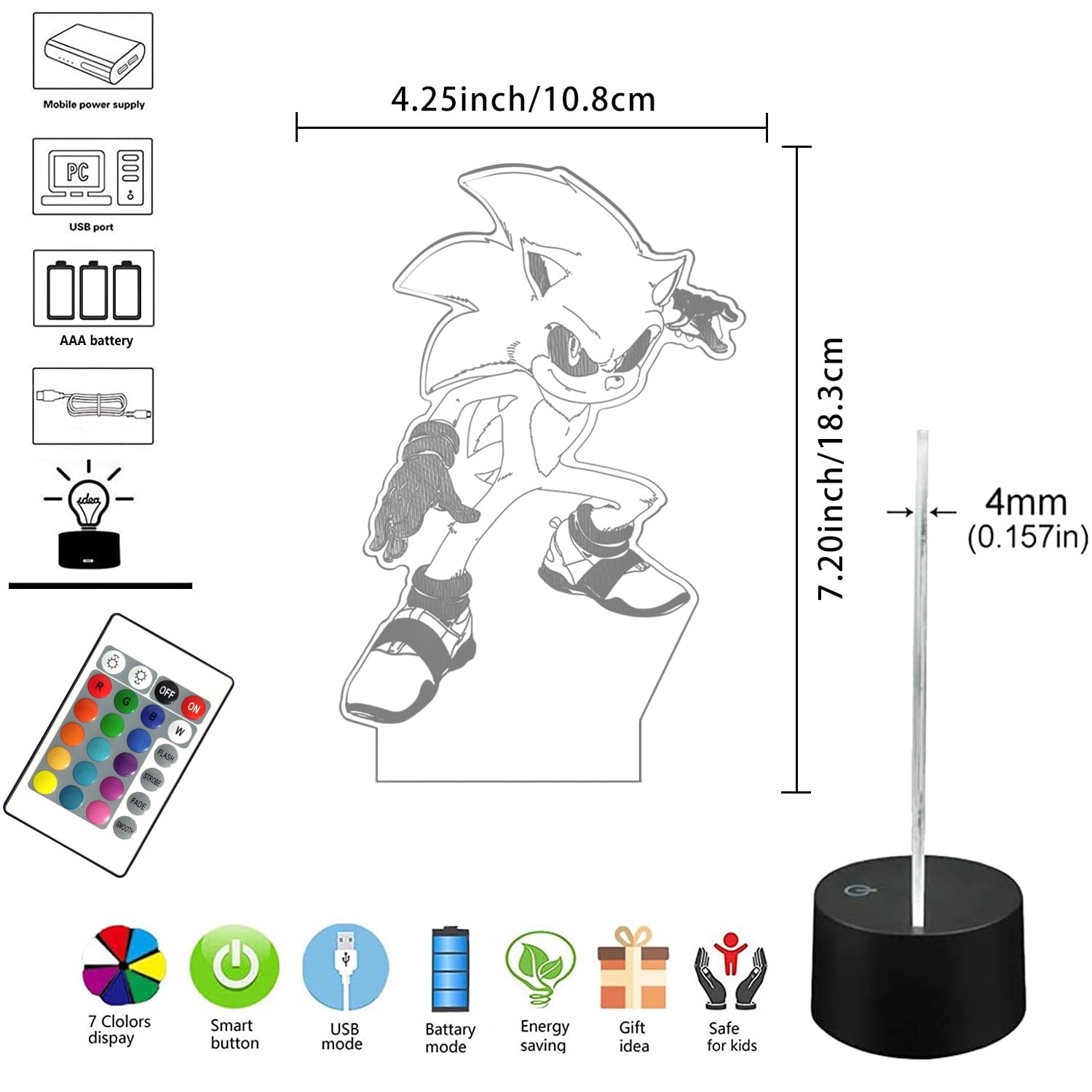 AIRUEEK Sonic Hedgehog Lampada 3D Luce Notturna Bambini-16 Variazioni Colore 1 Telecomando-Decorazione Regali Anime Gadget Per Bambino Ragazzo sonic Fans