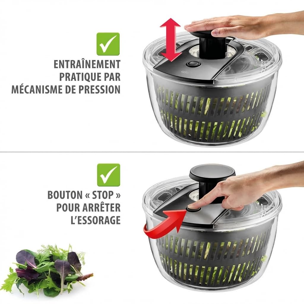 GEFU Essoreuse à Salade Rotative 5L - Sèche-Laitue avec Mécanisme Push | Bol de service transparent avec bouton stop, anneau antidérapant et passoire amovible, compatible lave-vaisselle