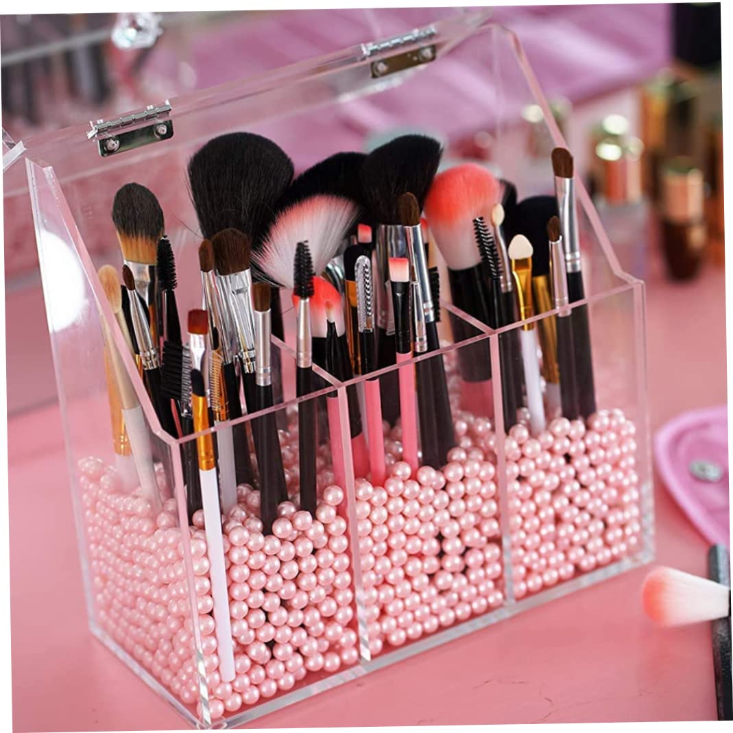 Organizador de Brochas de Maquillaje Acrílico Transparente con Compartimento para Tapa y Soportes para Cepillos