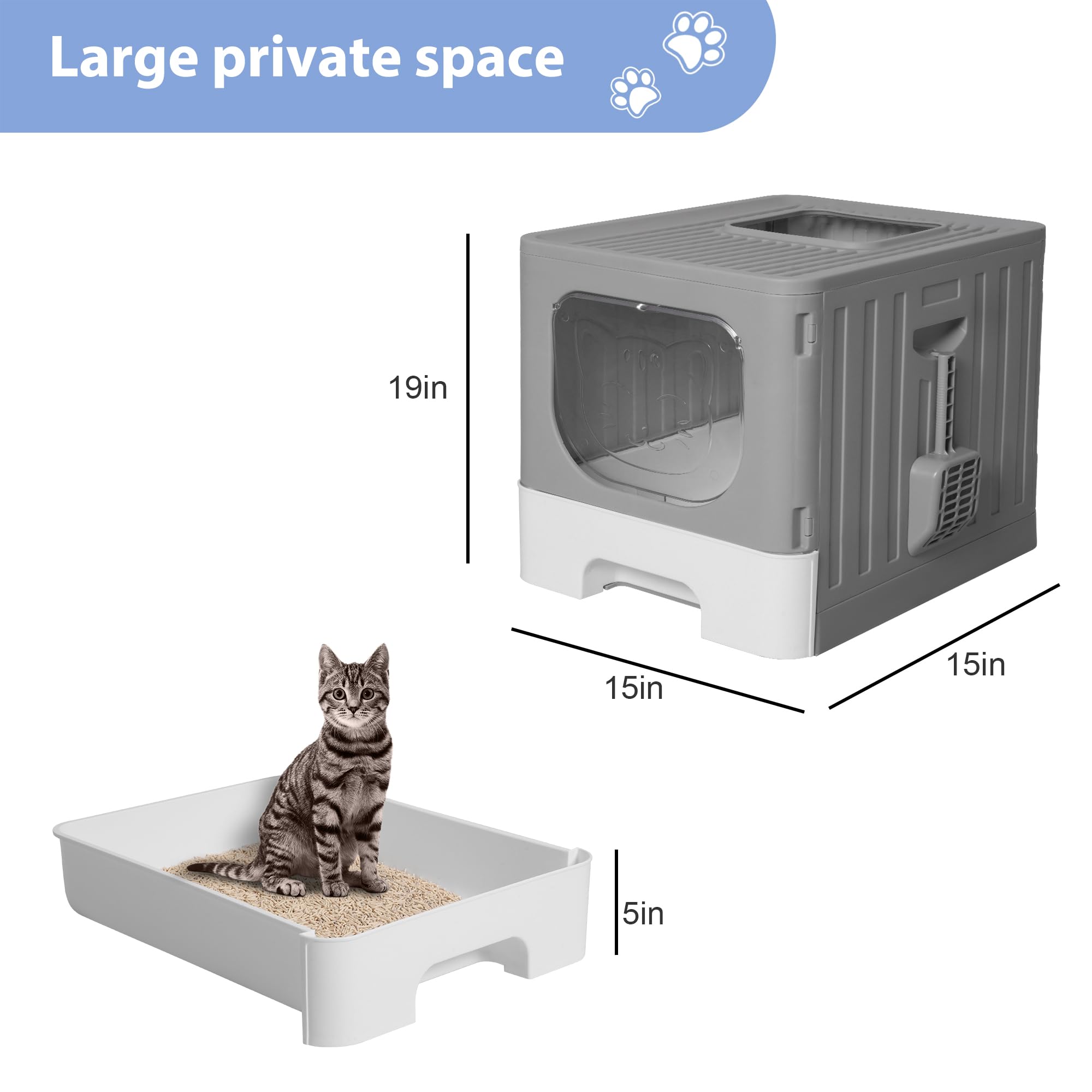 Enclosed Front Entry Cat Litter Box with Lid, Large Anti-Splashing Litter Box with Scoop, Plastic Litter Pan Tray with High Wall Sides, Indoor Drawer Type Cat Toilet, Grey