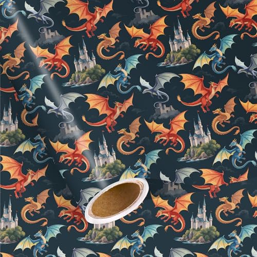 Pineraap Dragon Wrapping Paper Roll, 17In x 16.4Ft - Mini Roll - Magical Dragon and Castle Design Gift Wrap Papers for Boys Girls Birthday, Gift Packing Art Paper for Baby Shower, Magical Party Decor