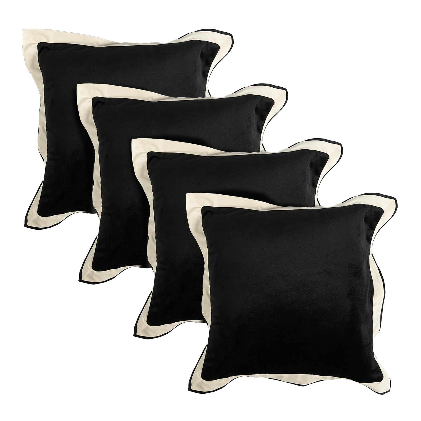 Ohs Black/White Set Of 4 Cushion Covers, Soft Matte Velvet Oxford Edge Decorative Cushion Covers 45 X 45 Home Decor Square Throw Pillow Cover With Invisible Zipper For Living Room Bedroom,