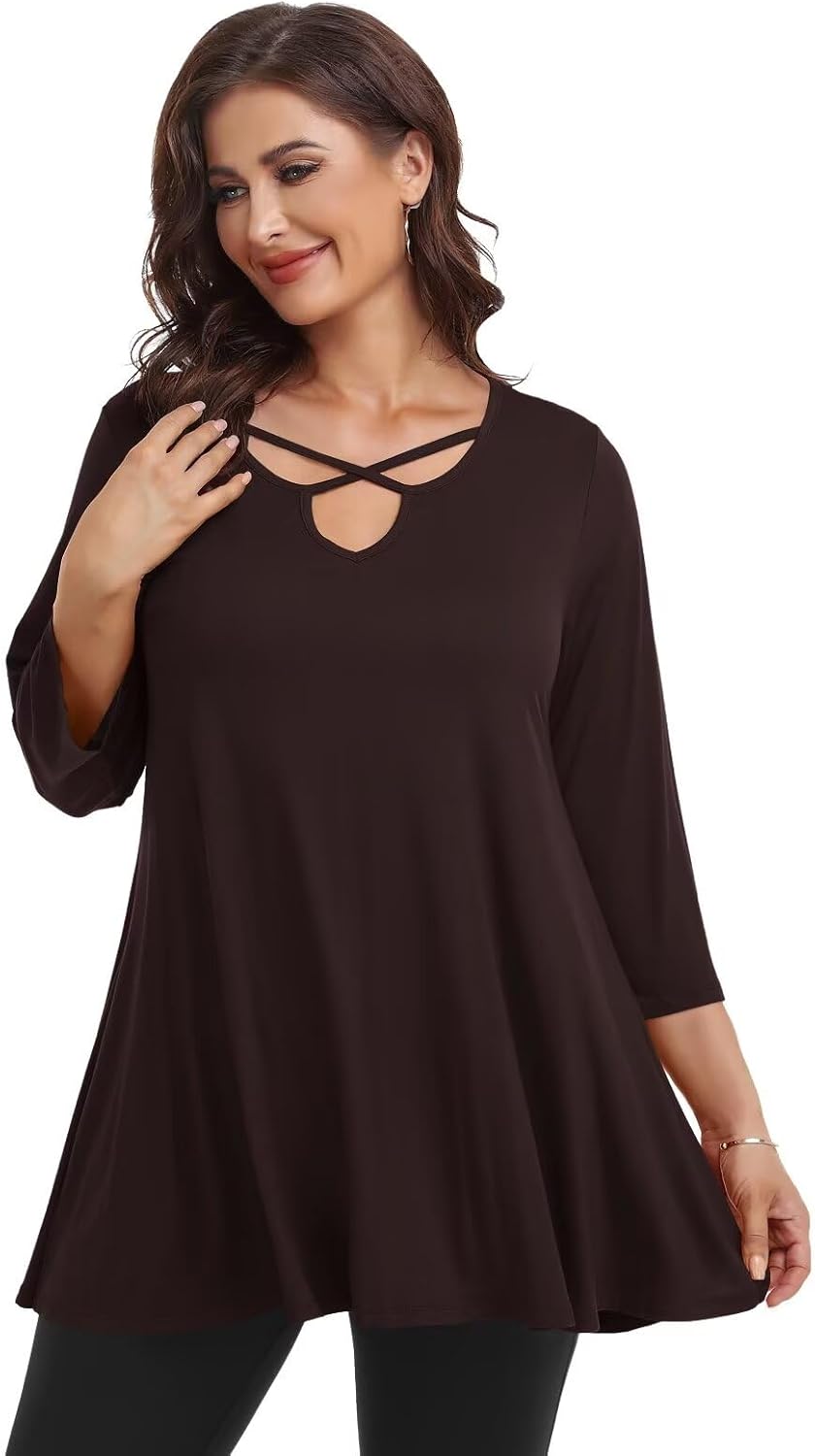 LARACE Plus Size Tops for Women V Neck 3/4 Sleeve Tunic Criss Cross Dress Shirts Casual Fall Blouse for Leggings