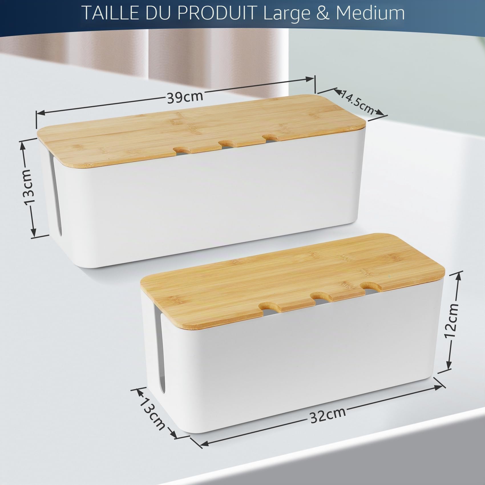 Lot de 2 boîtes de Gestion des câbles, avec Couvercle en Bois, boîte de Gestion des câbles, boîte d'organisation des câbles, pour Cacher et Organiser Les câbles, Grande et Moyenne (Blanc)