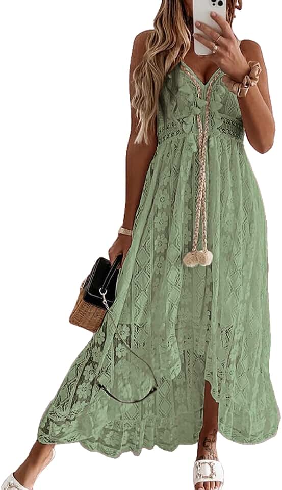 CUPSHE Robe d'été pour Femme Boho Maxi à Lacets avec Pompon col en V évasé à Volants Robes de Plage Global Recycled Standard