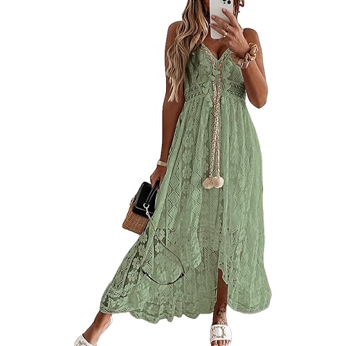 CUPSHE Women's Summer Dresses Sleeveless Lace Casual Tassel Beach Spaghetti Straps Flowy Maxi Sun Dress