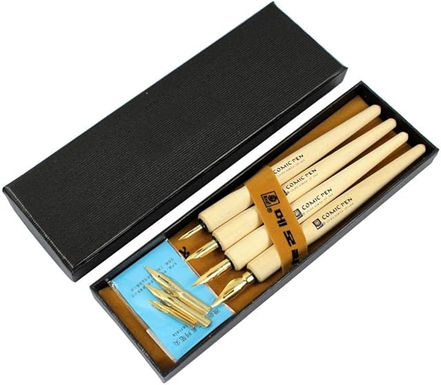 Hillento Comic Dip Pen Set, 4 Wooden Pen Handler Artist Cartoon Pen Set Calligraphy Dip Pens with 8 Nibs - Great for Manga/Comic/Calligraphy/Word Art/Pen-and-Ink Drawing