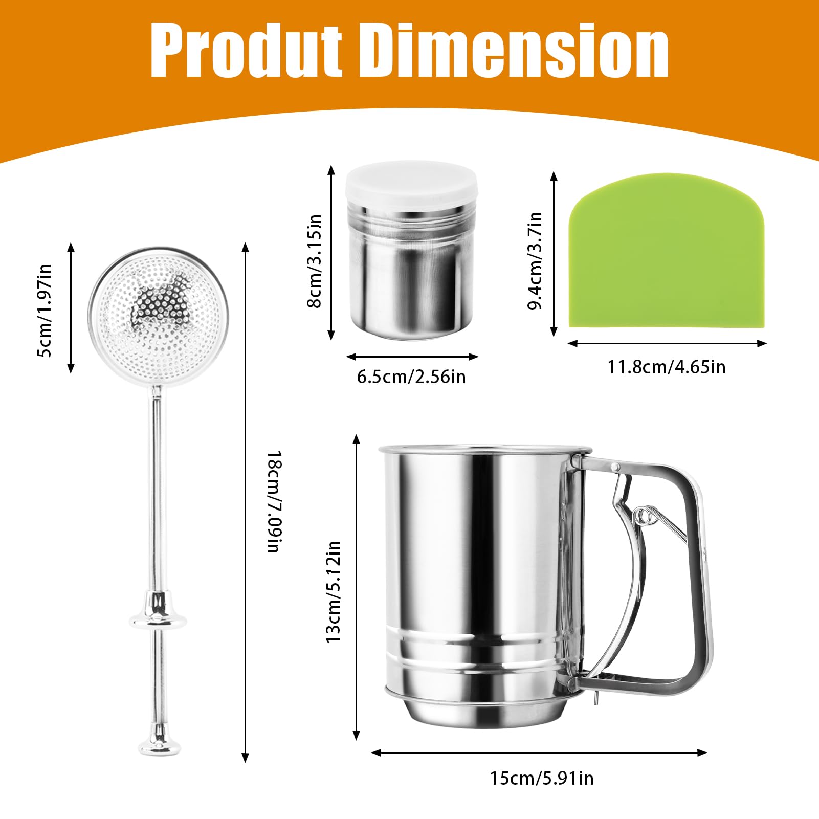 Flour Sifter, Stainless Steel Powdered Sugar Shaker Duster,3 Cup Double Layer Fine Mesh Sifter,2PCS Baking Scraper,Flour Shaker Duster for Baking Cakes and Spices