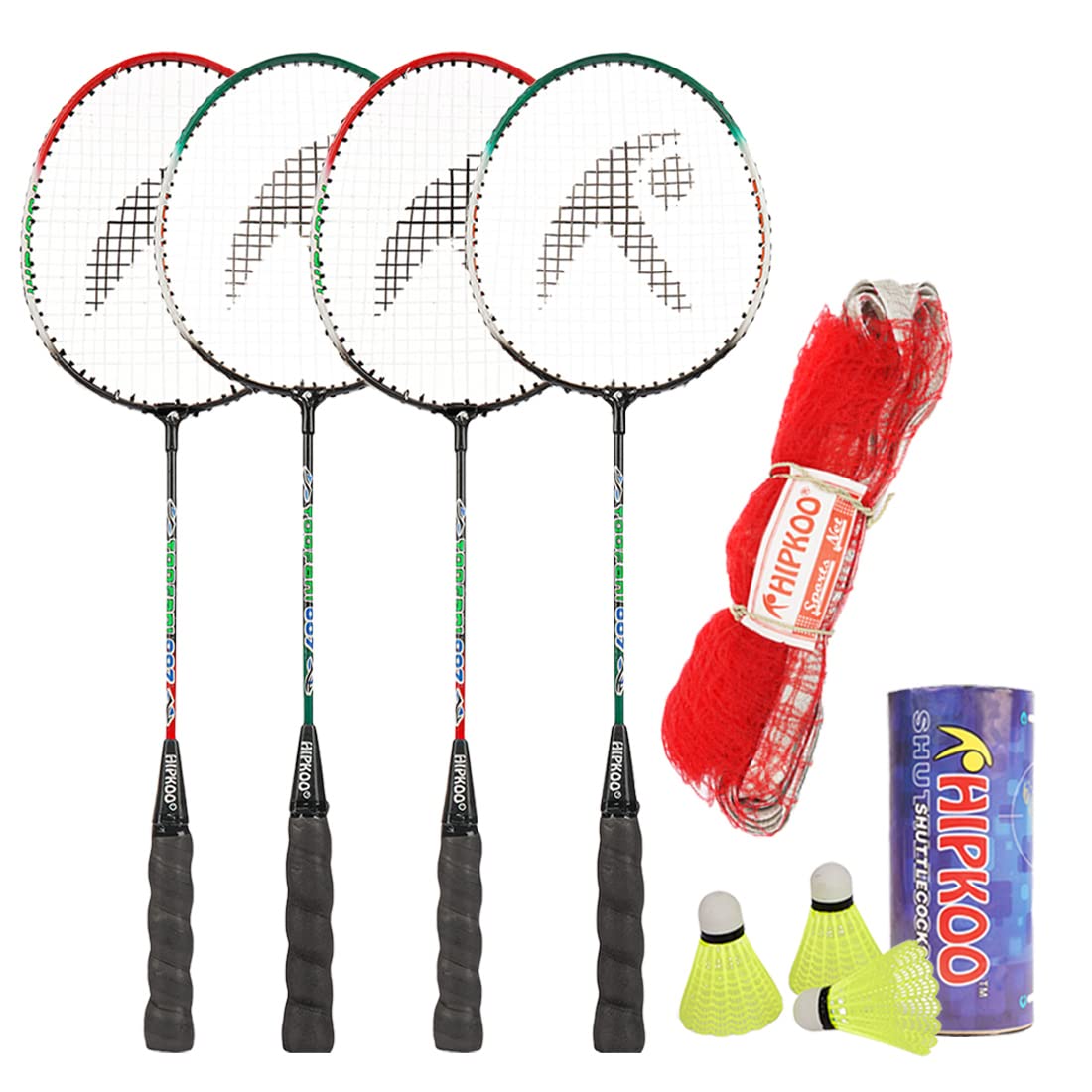 Hipkoo Sports Toofani Aluminum Badminton Complete Racquets Set | 4 Wide Body Rackets with Cover, 3 Shuttlecocks and Net | Ideal for Beginner | Lightweight & Sturdy (Multicolour, Set of 4)