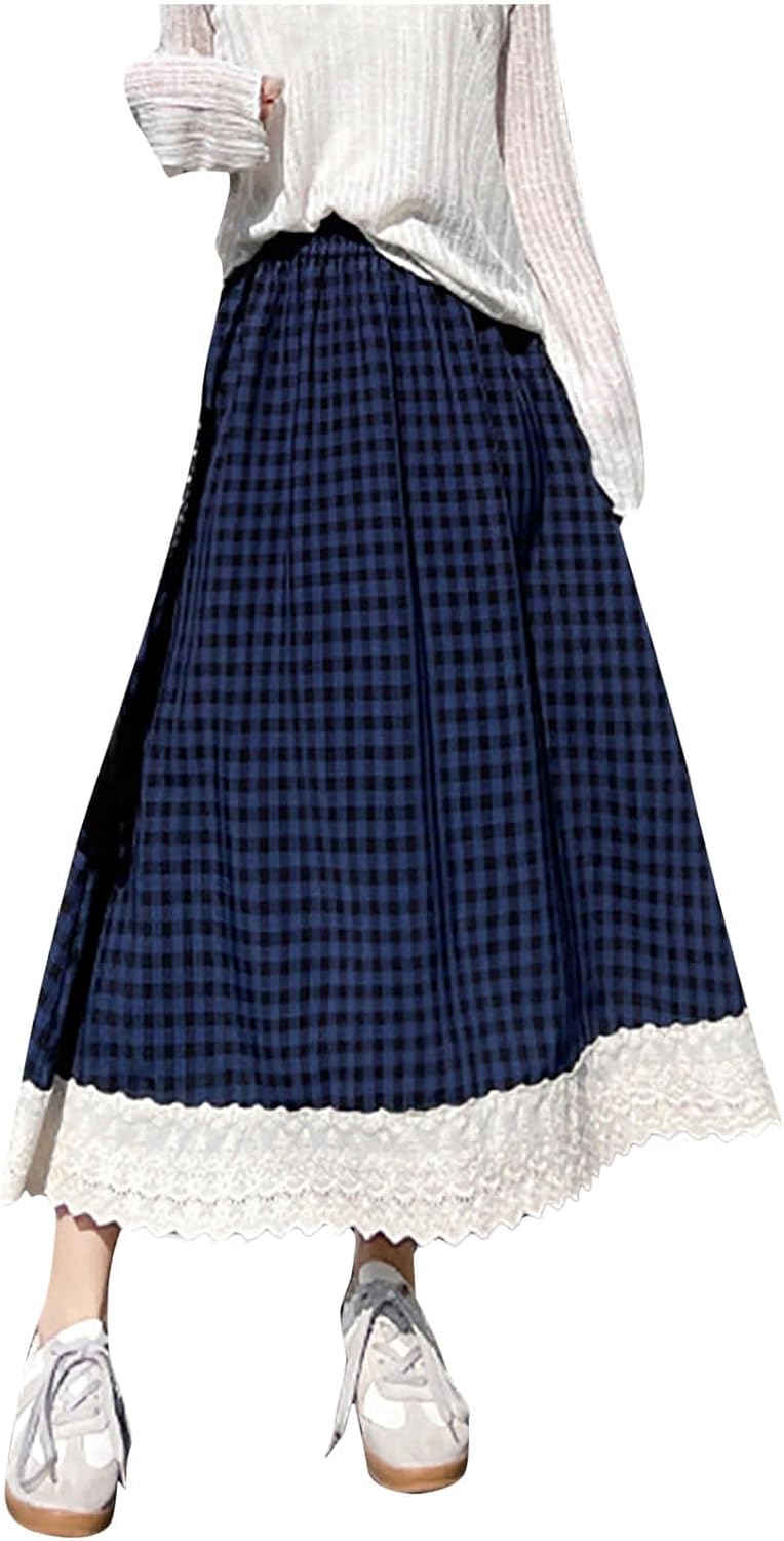 Gingham Long Skirts for Women Lace Lolita Maxi Plaid Skirt A Line High Waist Summer Casual Trendy Cute Skirts