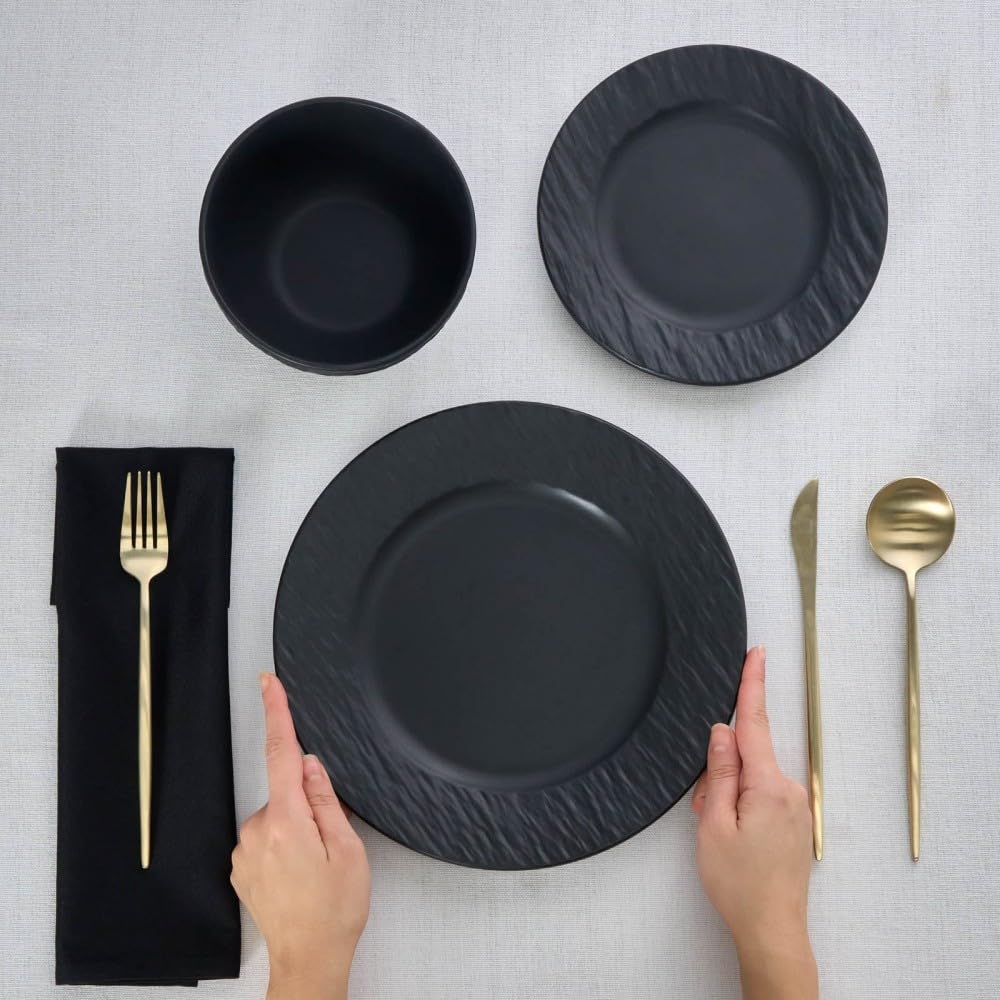 Karaca Solem Embossed Ensemble de Assiette et de Bols en Grès, Service de Table Noir, Vaisselle en Grès, Vaisselle Idéale pour les Repas de 6 Personnes, 18 pièces