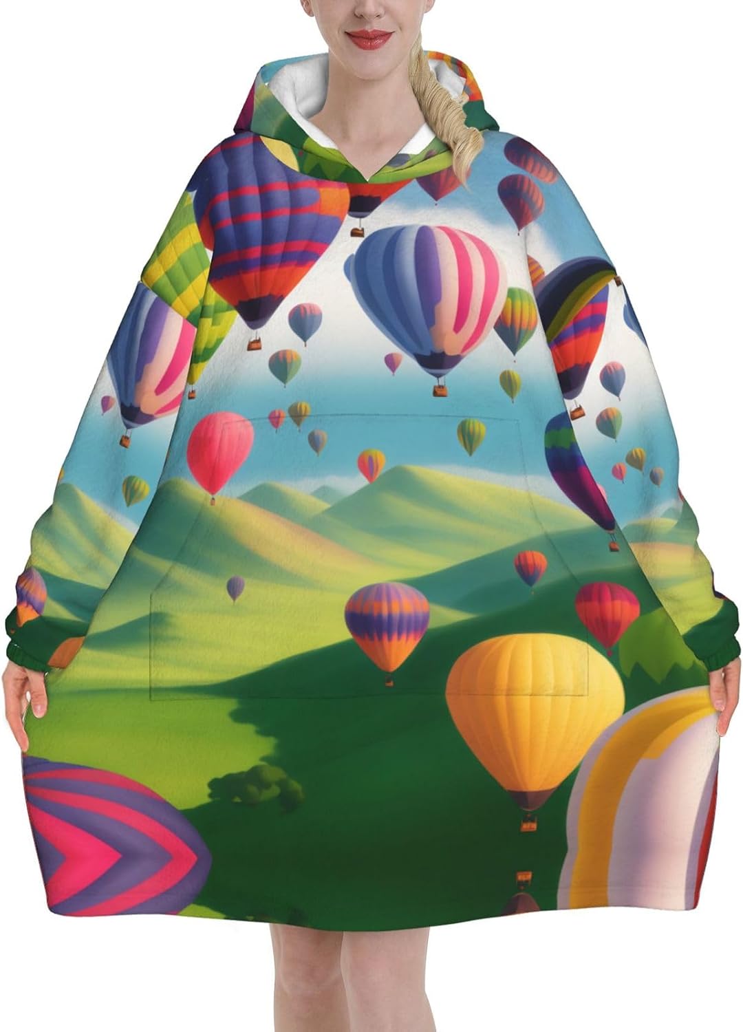 Hot Air Balloons Print Blanket Hoodie Fleece Sweatshirt Blanket With Sleeves And Pockets