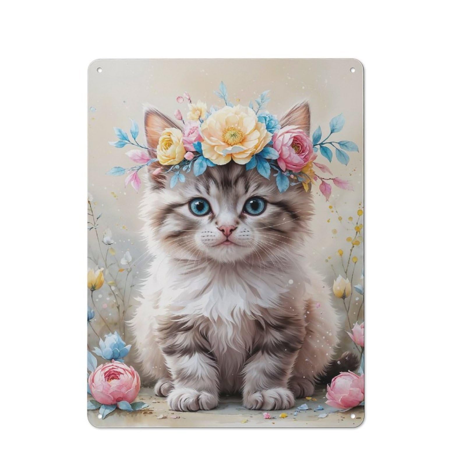 Junmoney Kitten With Flower Crown Watercolor Retro Metal Sign 40X30cm Featuring For Bar Or Restaurant, For Bar Decor Enthusiasts