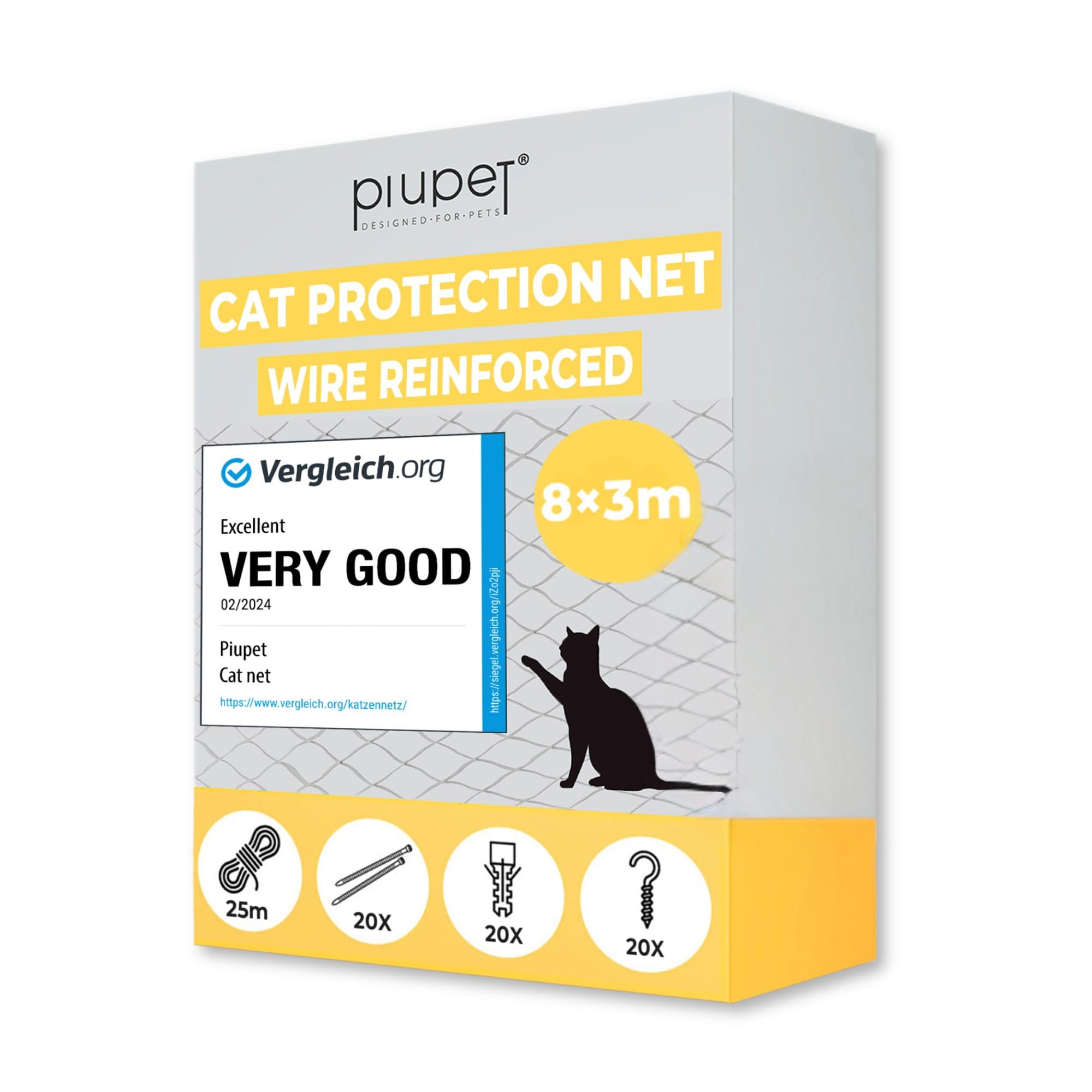 PiuPet® Cat Net Wire-Reinforced I 8x3m I Green I Included Fastening Set I Netting for Balcony and Window I Balcony Netting for Cats