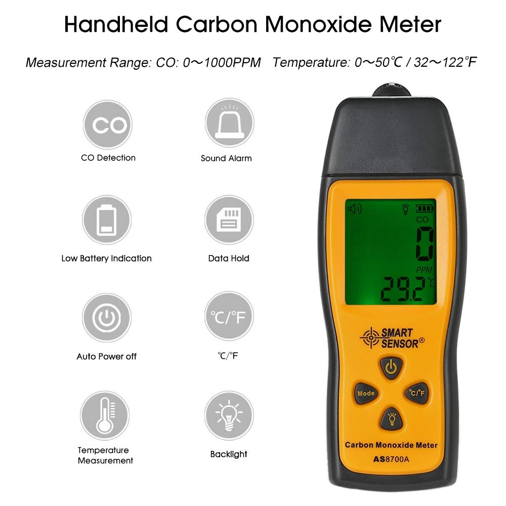Équipement d'essai électronique CTJ Smart Sensor AS8700A Monoxyde de Poche Carbone Compteur Digital de Haute précision CO Détecteur de Fuite Analyseur, Alarme lumière sonore, Gamme: 0-1000ppm