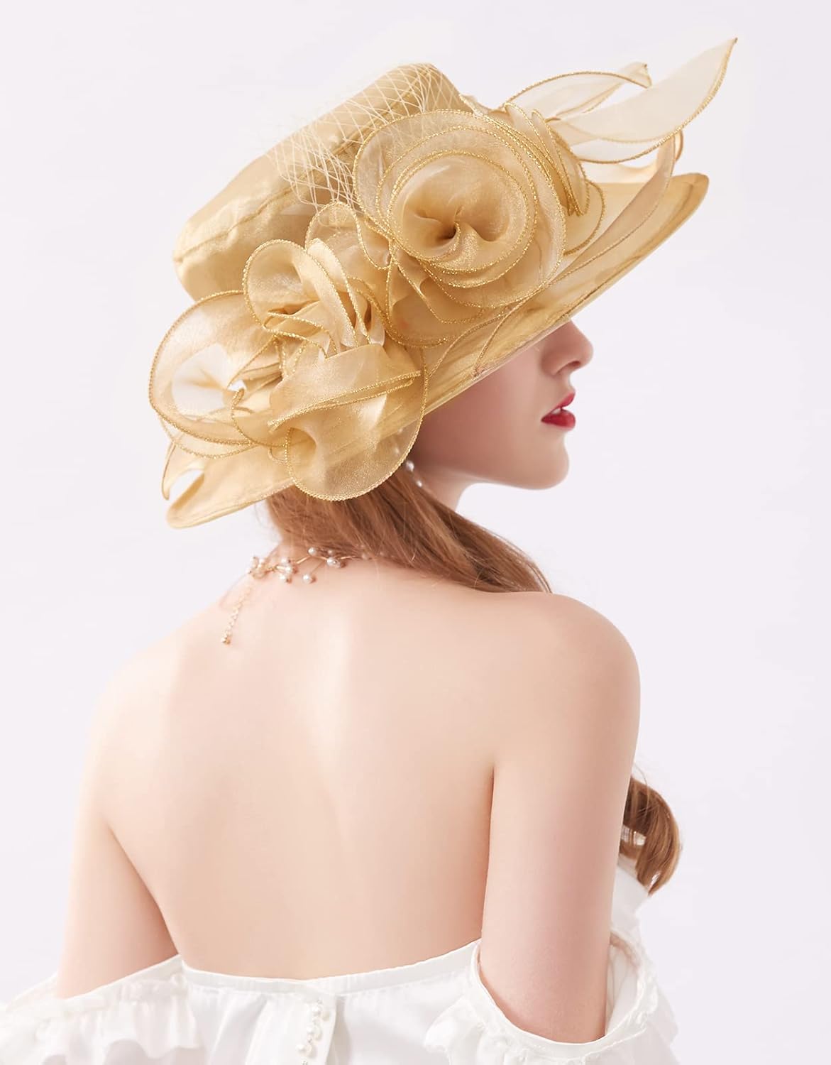 Women Derby Fascinator Hat Organza Church Wedding Hats Wide Brim Cocktail Tea Party Hat - Image 6